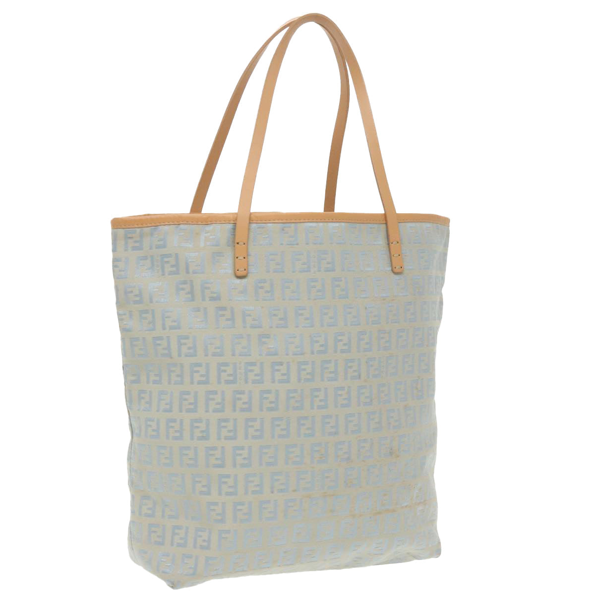 FENDI Zucchino Canvas Tote Bag Light Blue Brown Silver 90434