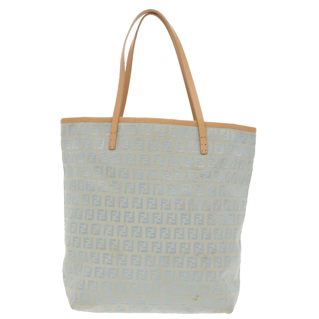 FENDI Zucchino Canvas Tote Bag Light Blue Brown Silver 90434