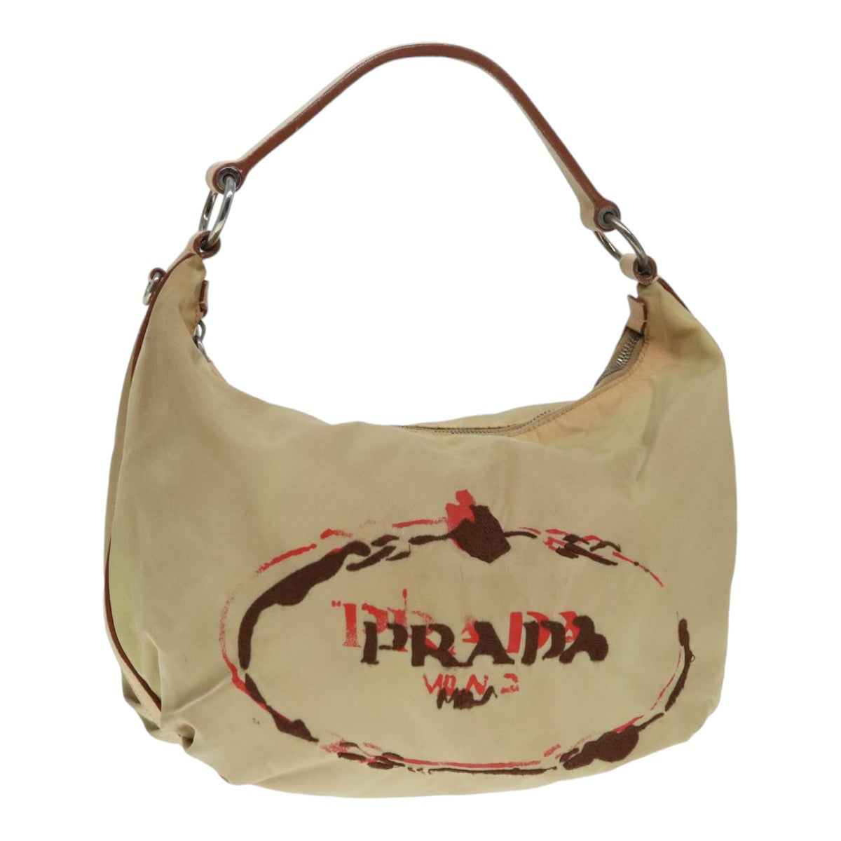 PRADA Shoulder Bag Nylon Leather Beige Silver 90608