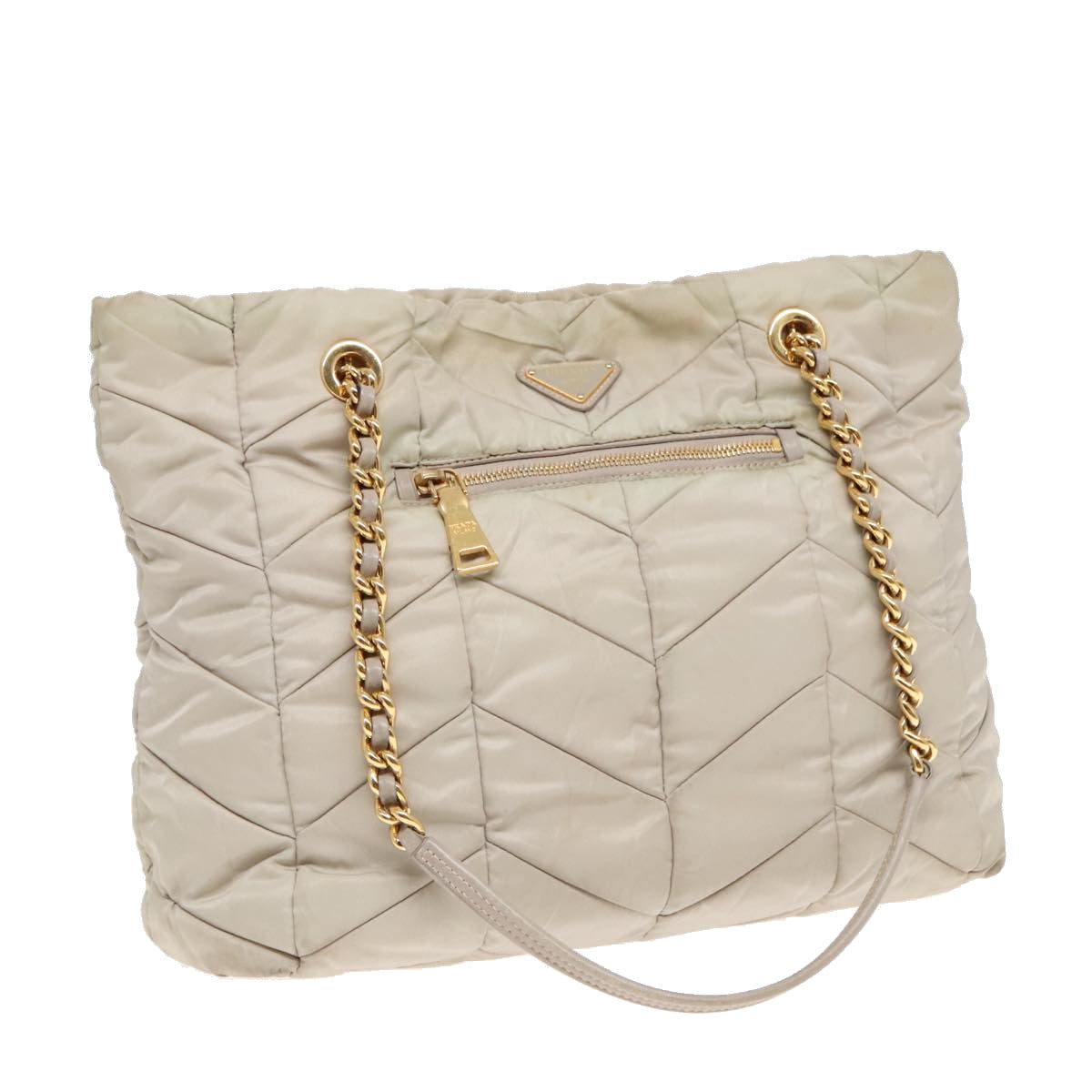 PRADA Chain Quilted Shoulder Bag Nylon Beige Gold 91253