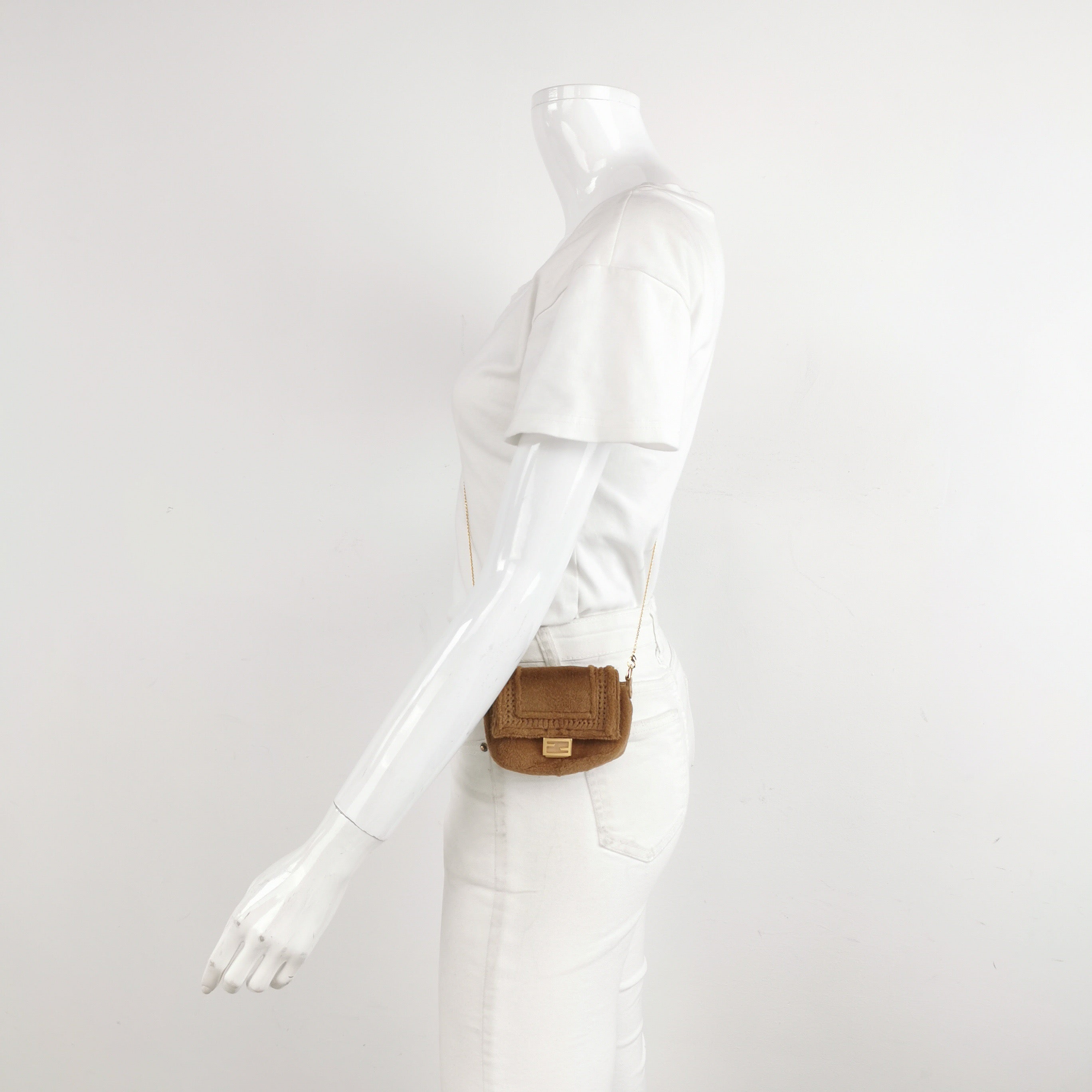 Fendi Nano Baguette Charm Brown Mink Fur with Chain