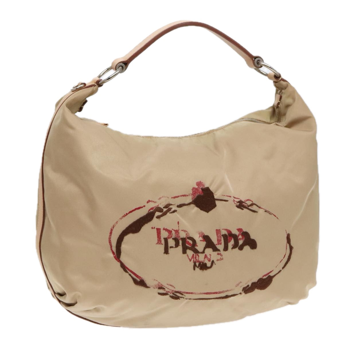 PRADA Shoulder Bag Nylon Leather Beige Silver 91407
