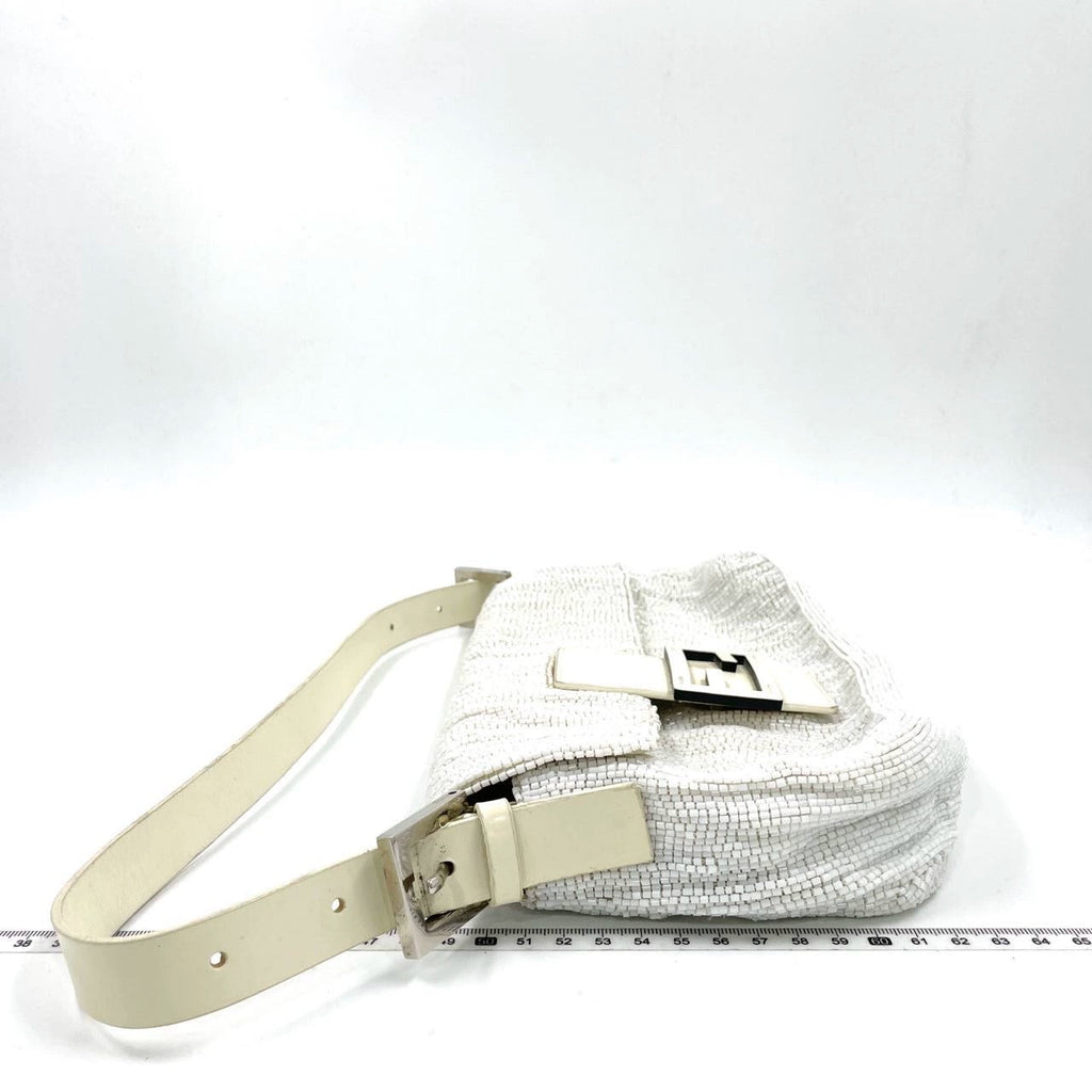 Fendi Baguette Vintage White Glitter Beads Brown Leather