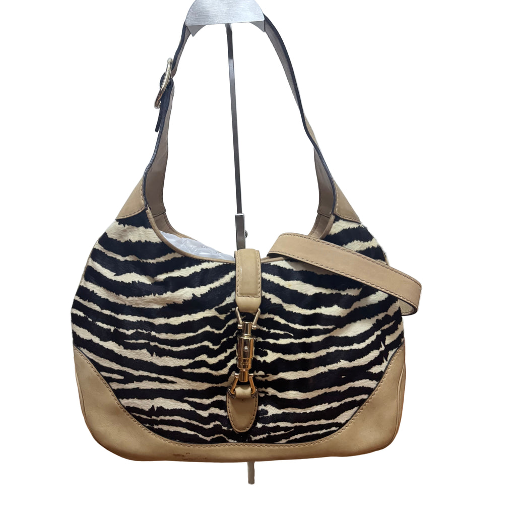 Gucci Jackie Soft Medium Zebra Print Pony-style Calfskin and Beige Suede Silver HW