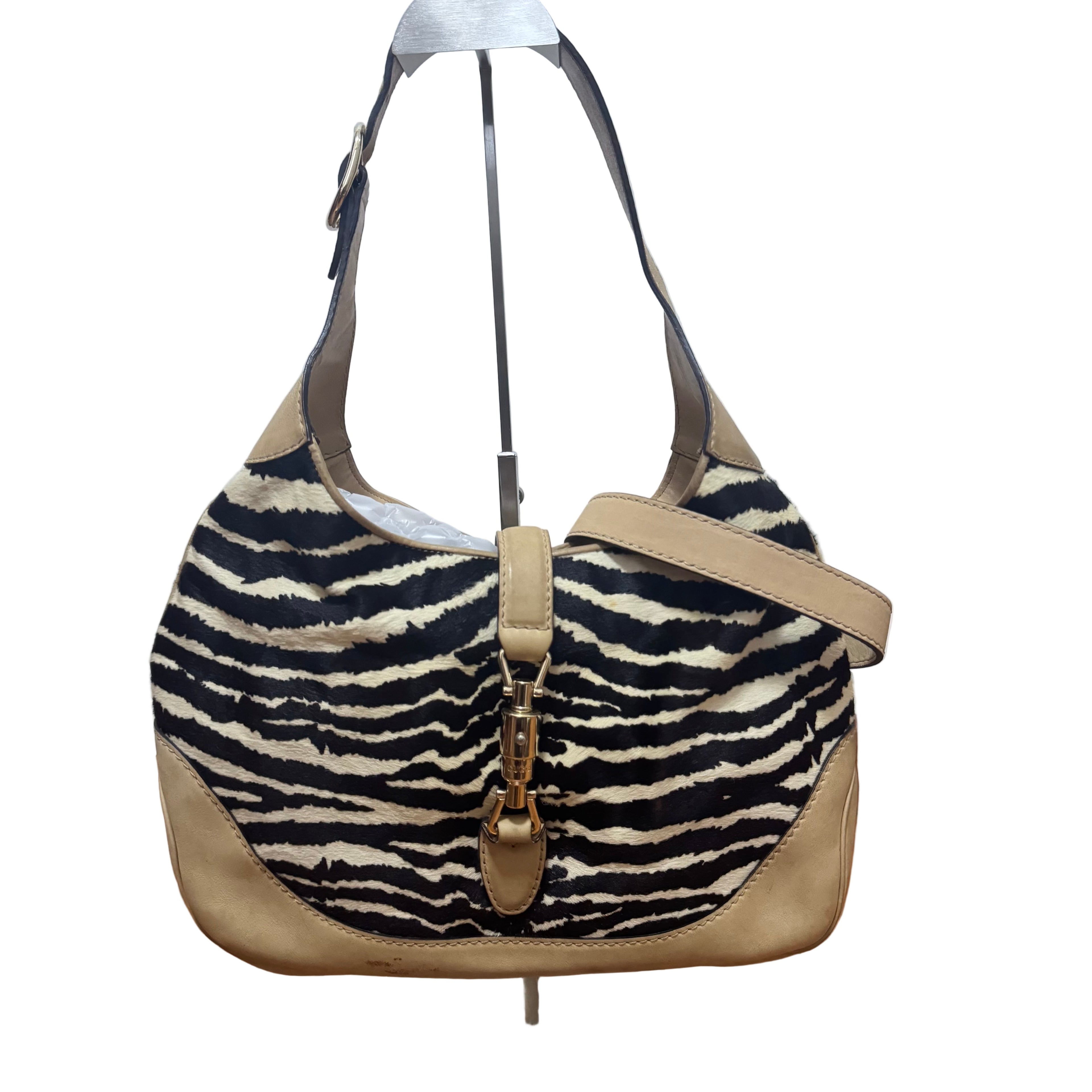 Gucci Jackie Soft Medium Zebra Print Pony-style Calfskin and Beige Suede Silver HW