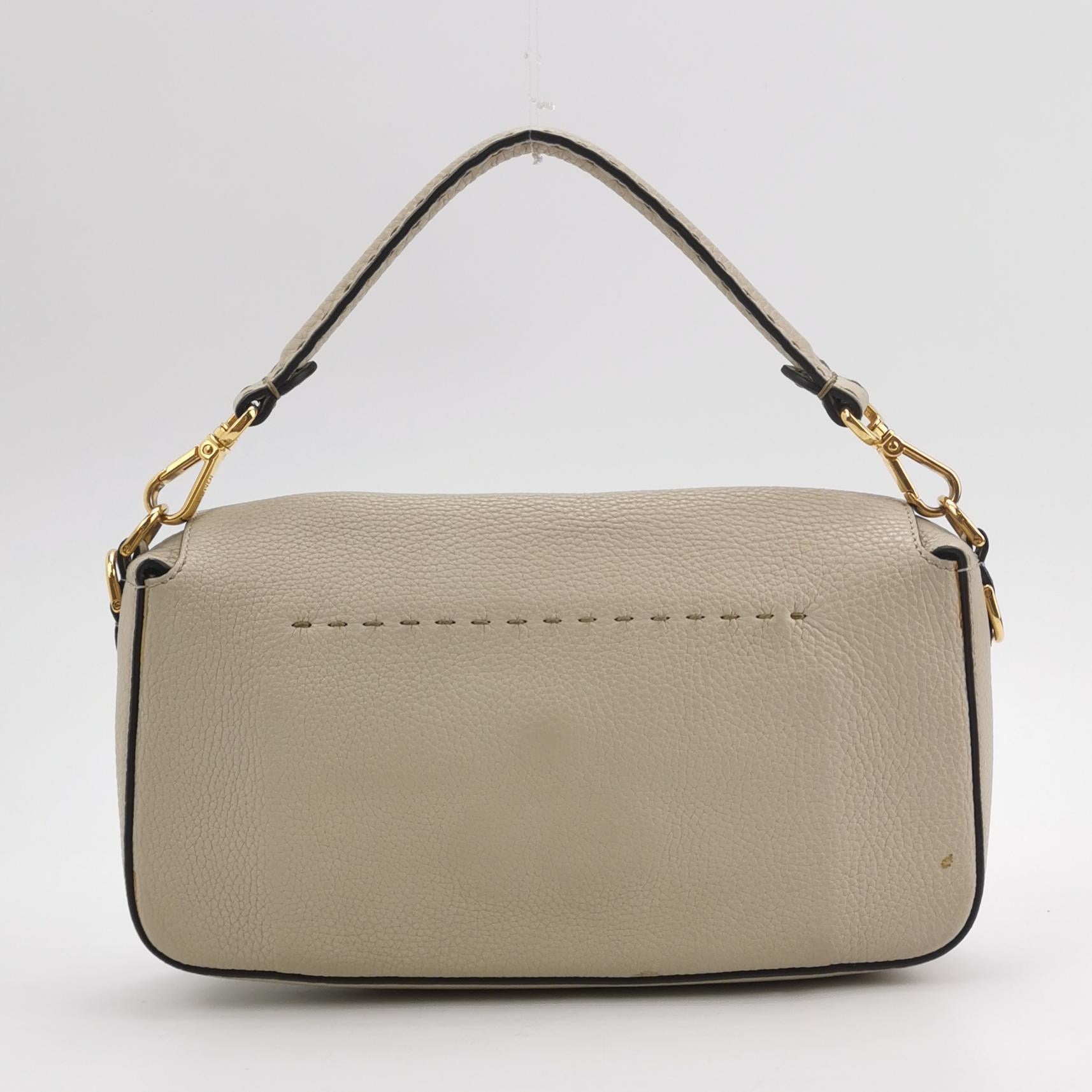 Fendi Baguette Selleria Medium White Grey Calfskin Leather Green Interior Crossbody Bag