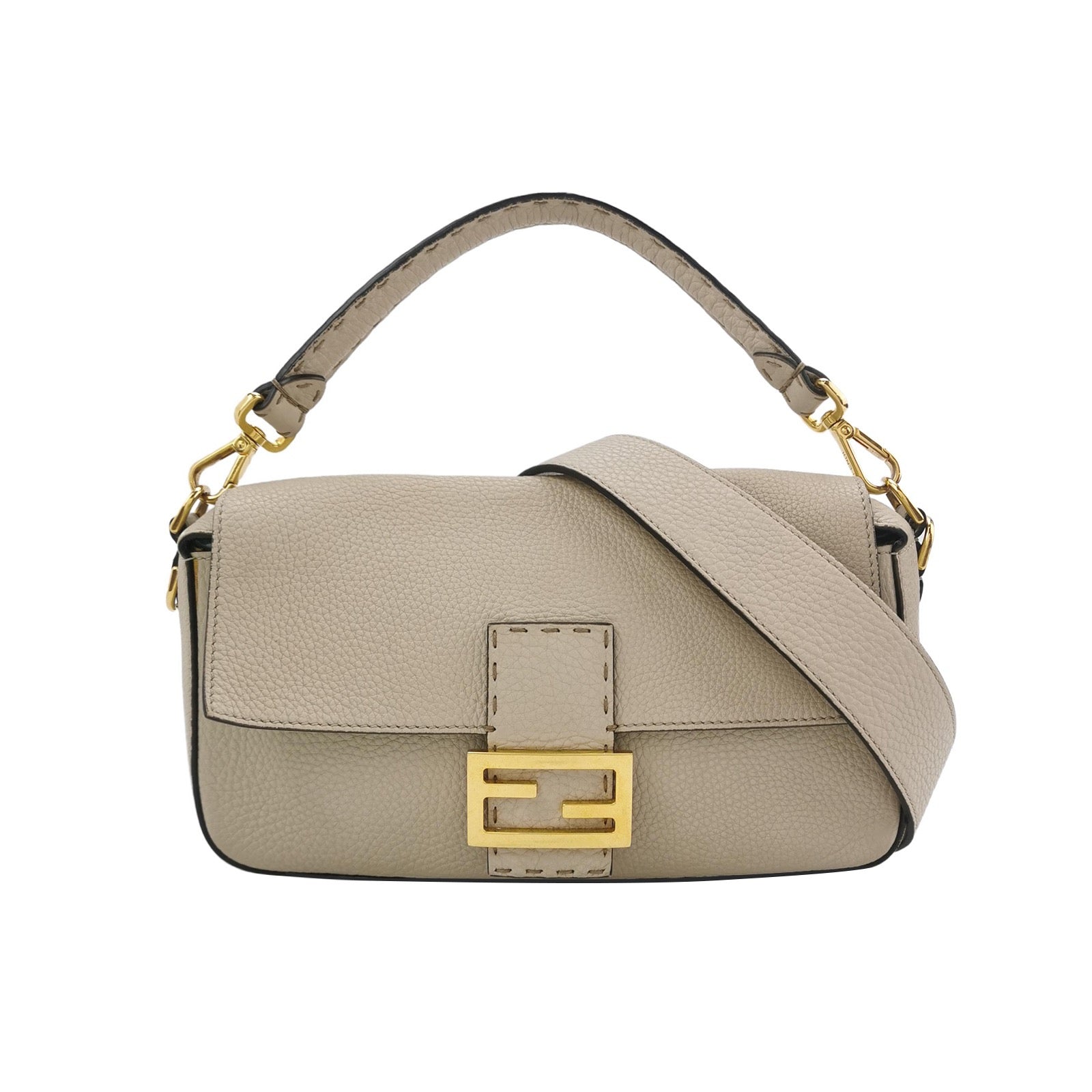 Fendi Baguette Selleria Medium White Grey Calfskin Leather Green Interior Crossbody Bag