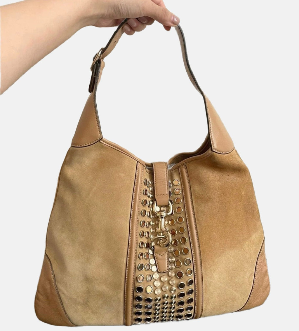 Gucci Jackie Vintage Medium Tan Brown Suede Leather Gold Hardware
