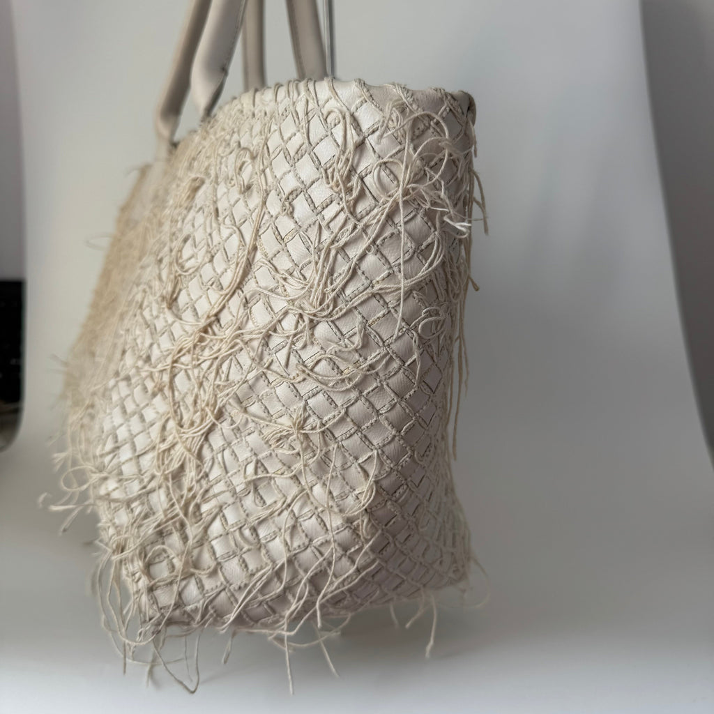 Bottega Veneta Cabat Large Intreccio Leather with Fringes White Ecru 40cm