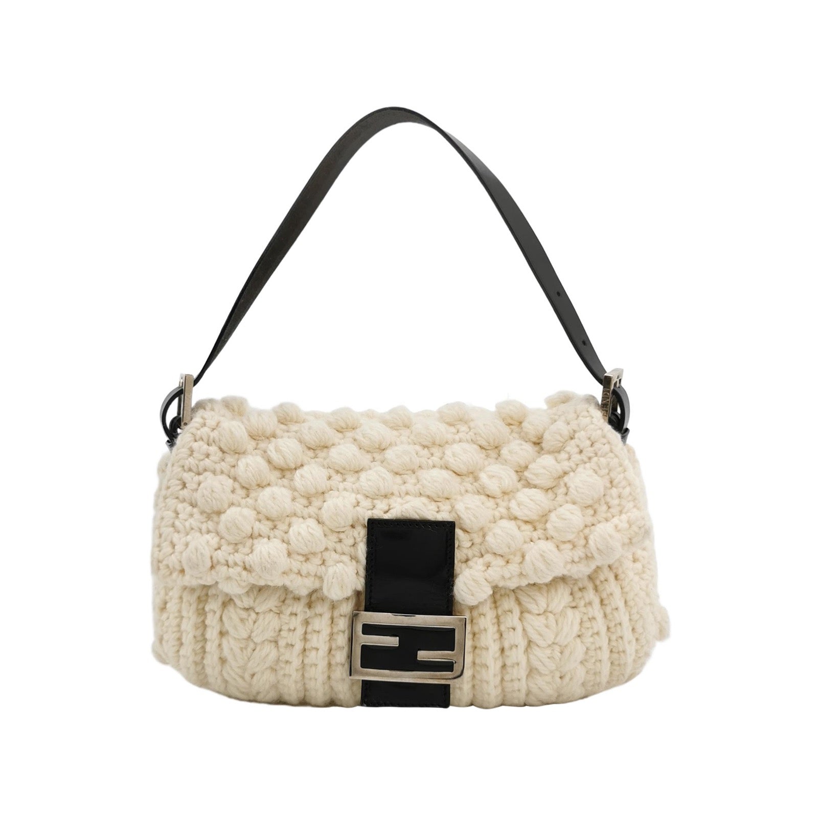 Fendi Baguette Bag White Crochet Knit Wool Pompom Shoulder Bag