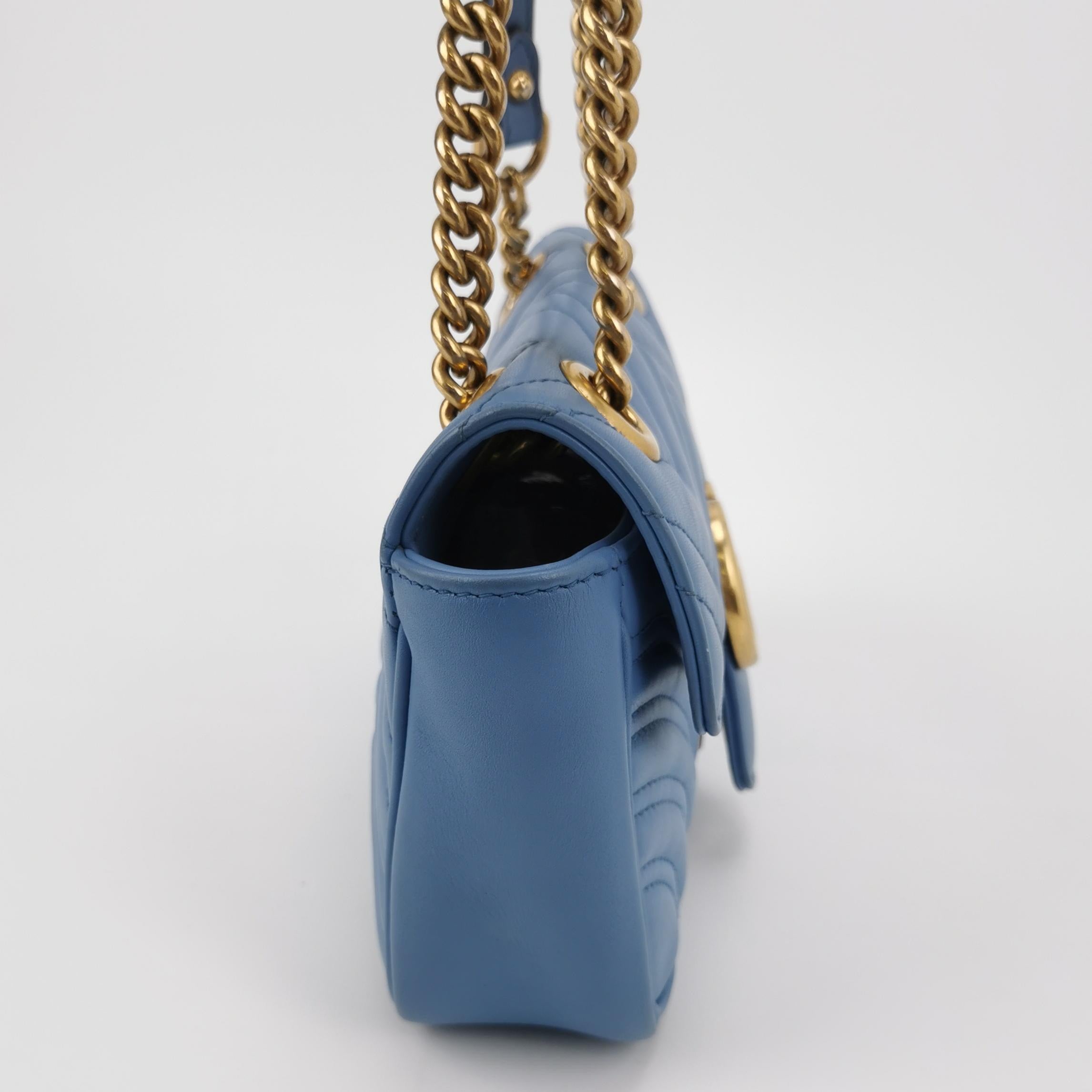 Gucci Marmont Mini Flap Baby Blue Calfskin Leather Handbag Gold Hardware