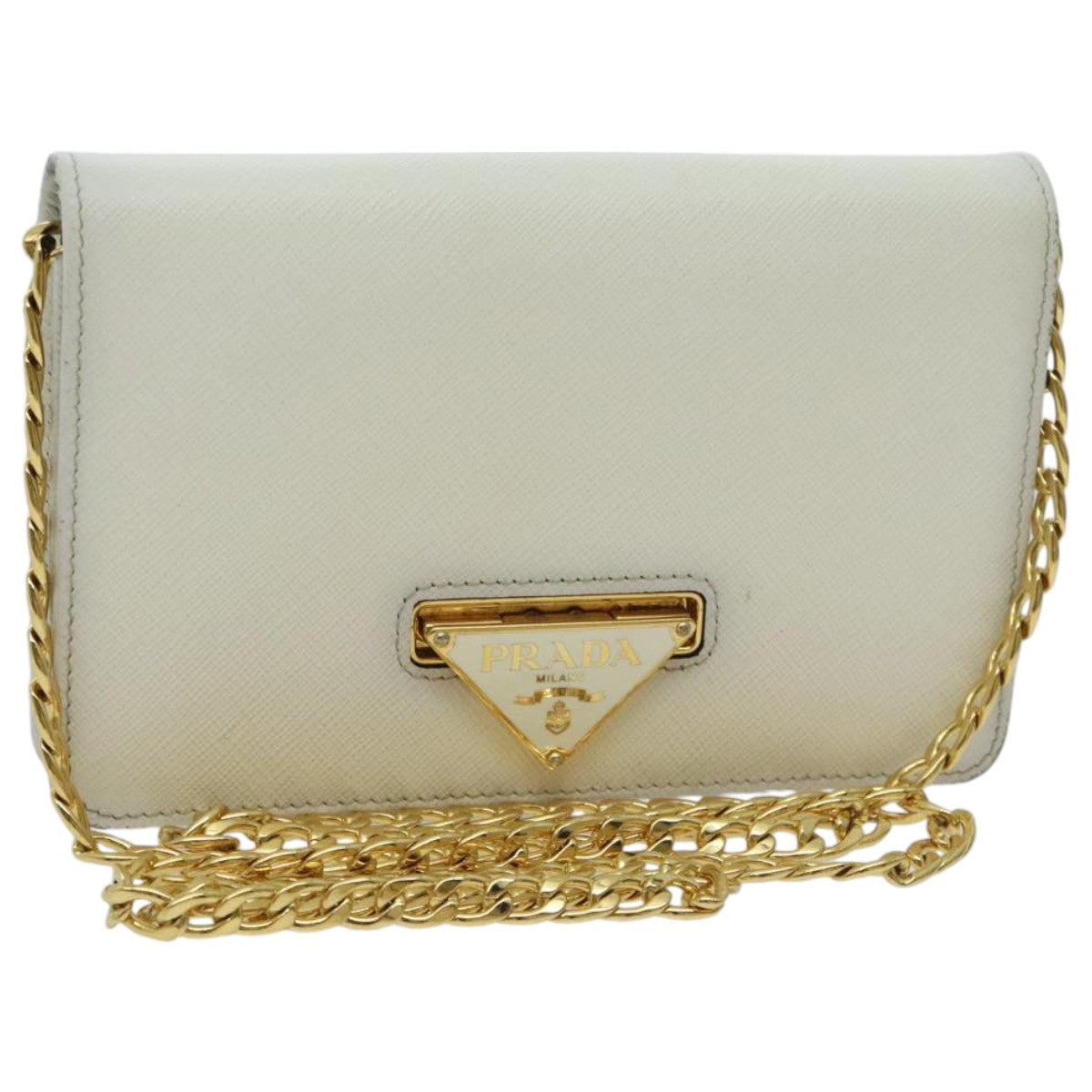 PRADA Chain Shoulder Bag Safiano leather White Gold 96597