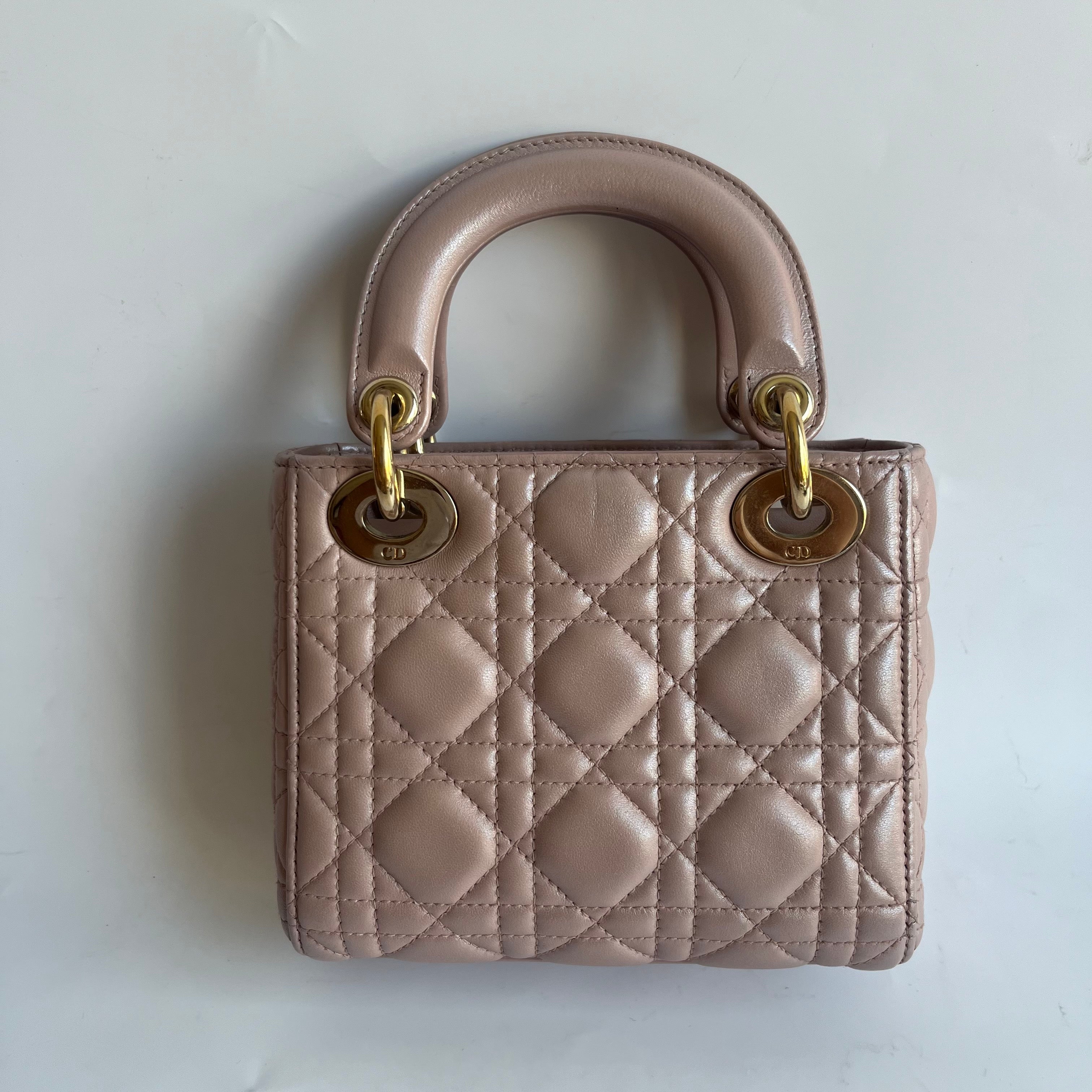 Lady Dior Mini Pearlescent Pink Lambskin Leather Gold HW Chain Strap