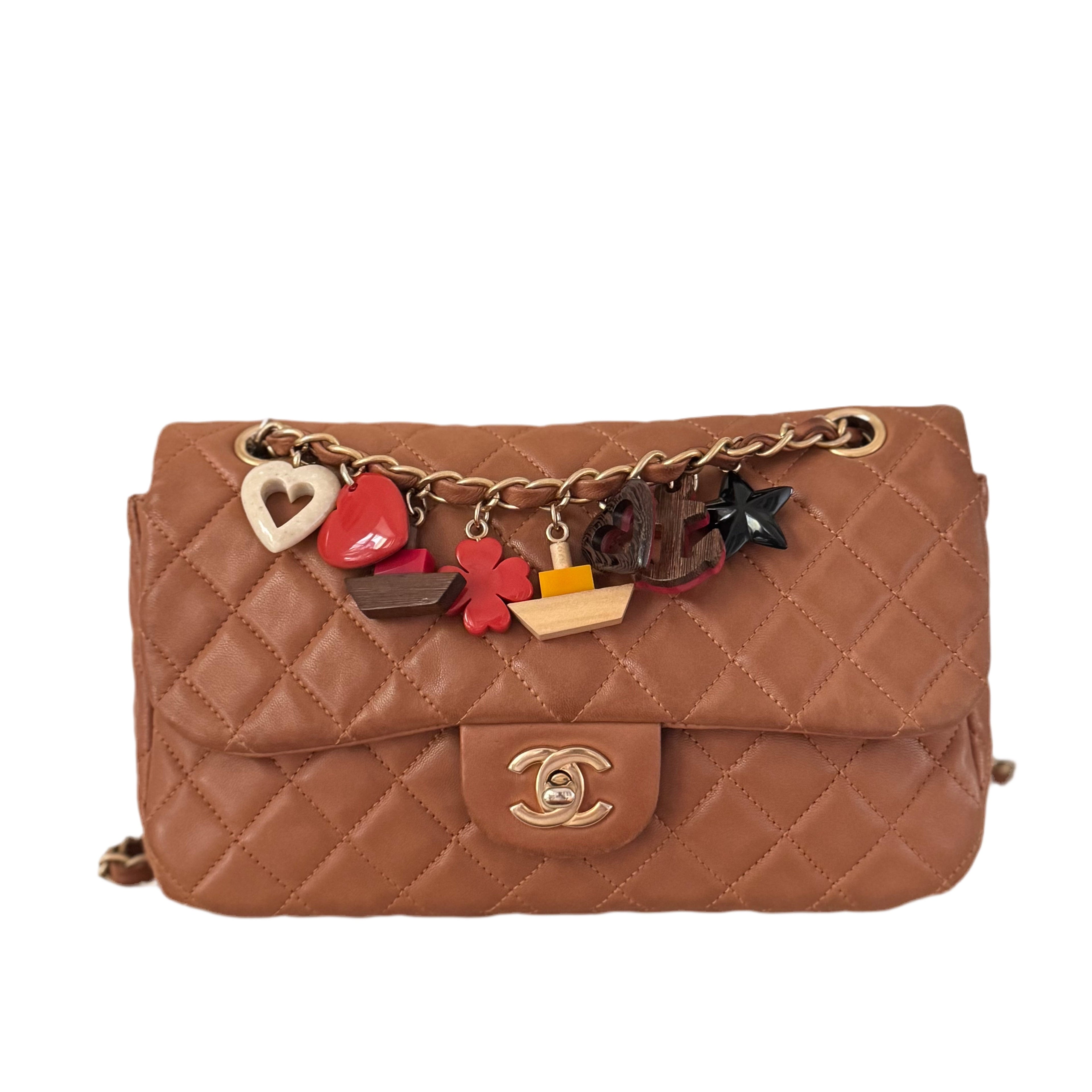 Chanel Seasonal Flap Medium Caramel Tan Brown Leather Valentine Marine Charms