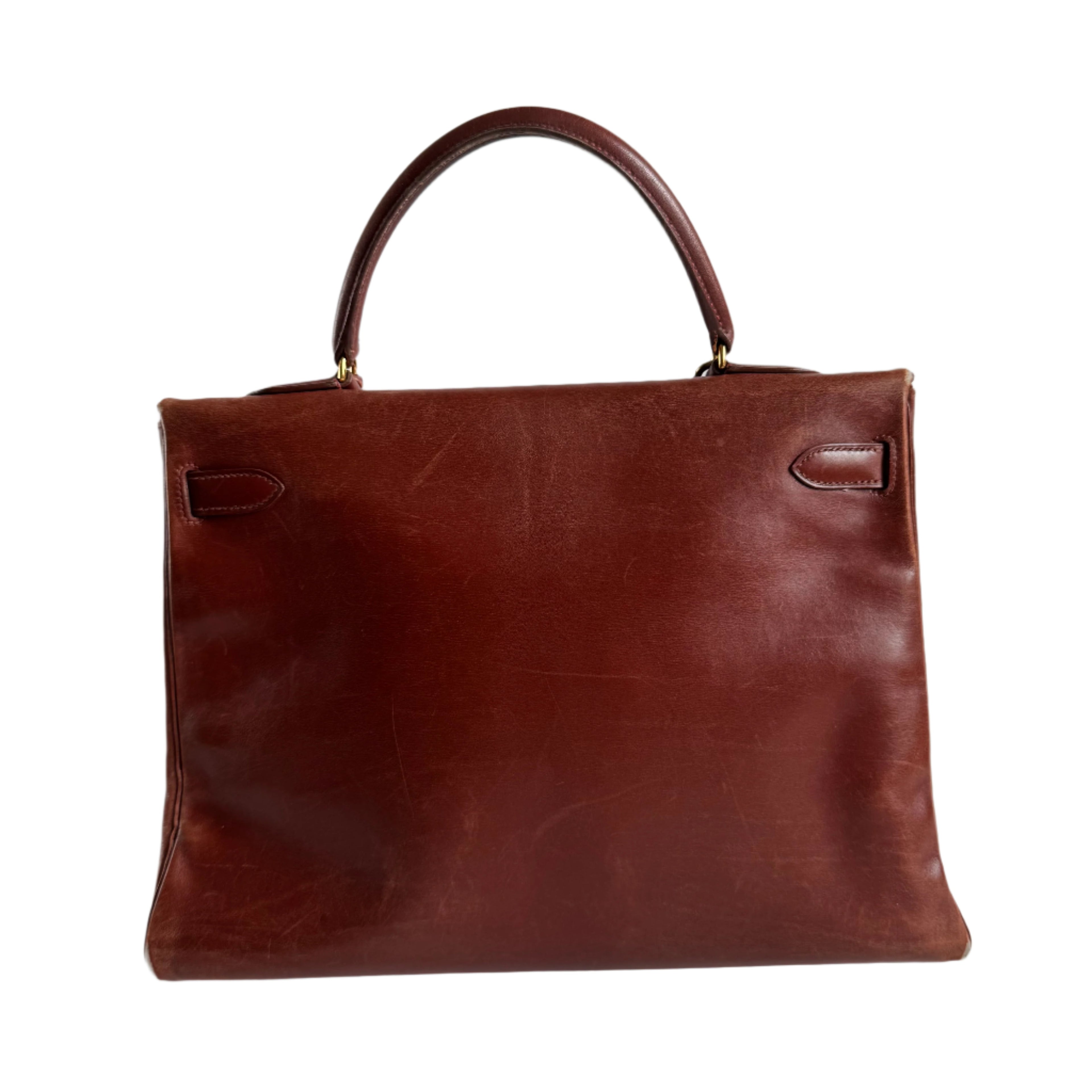 Hermes Kelly 35 Vintage Brown Box Calfskin Leather Gold Hardware 1995 With Strap Lock Key n Clochette