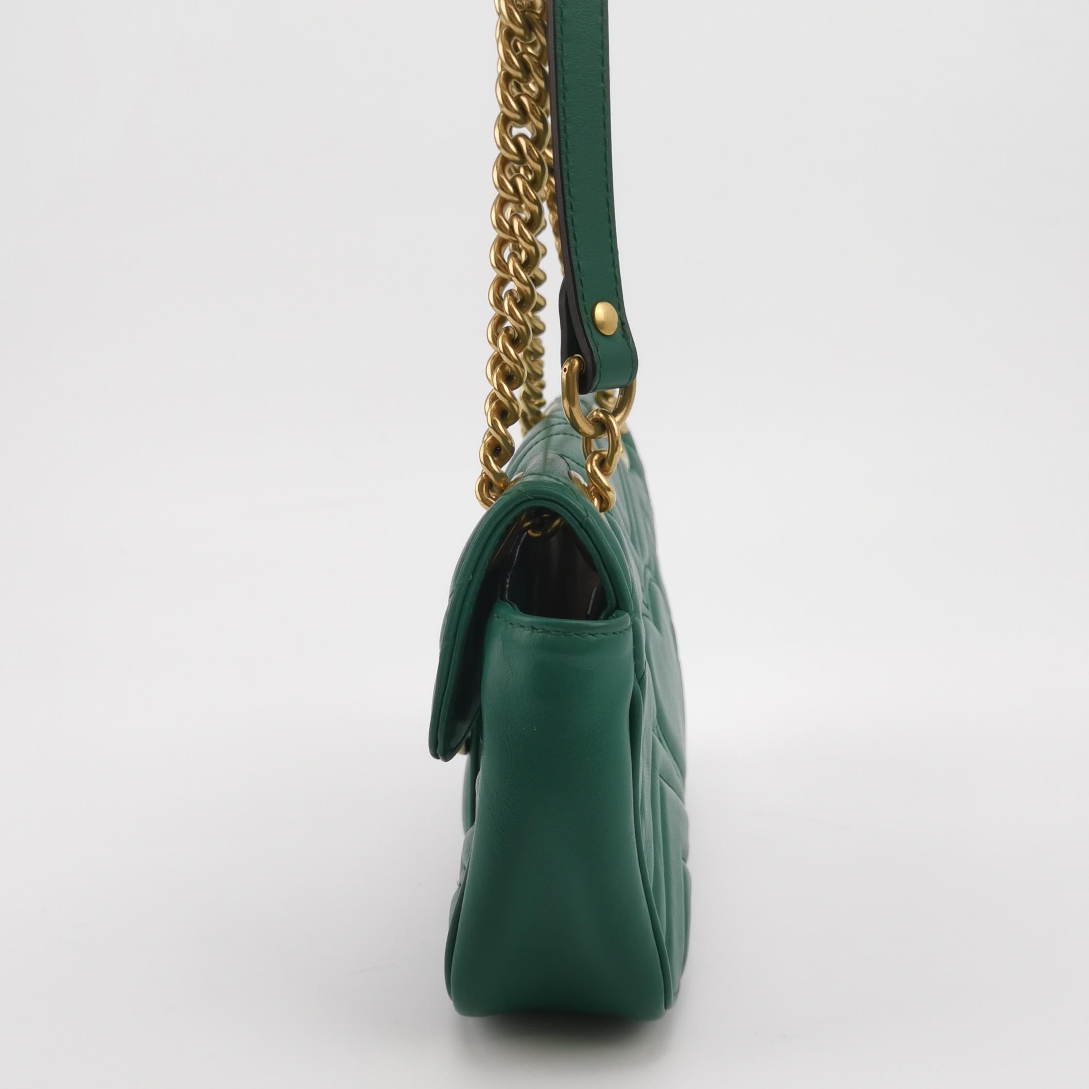 Gucci Marmont Mini Flap Green Calfskin Leather Handbag Gold Hardware