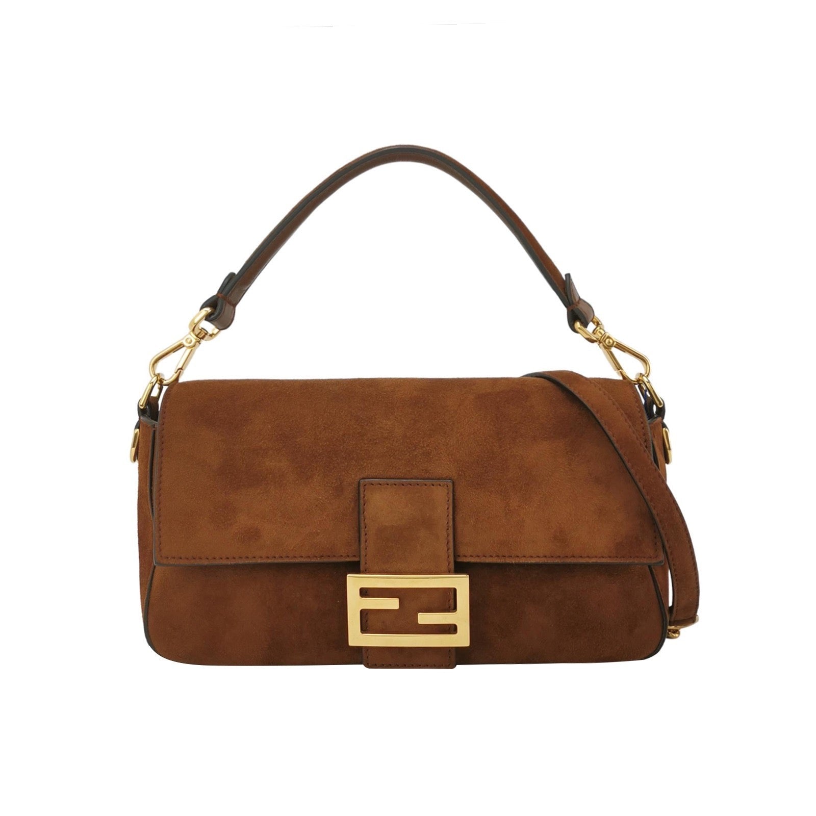 Fendi Baguette Selleria Suede Leather Crossbody Bag Medium Caramel Tan