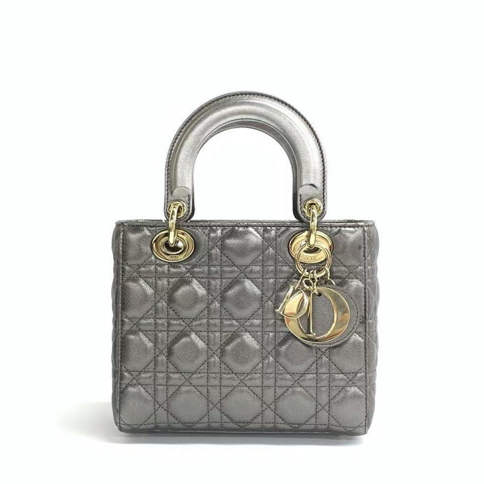 Lady Dior Small ABCdior Metallic Grey Cannage Lambskin Handbag with Strap 2019