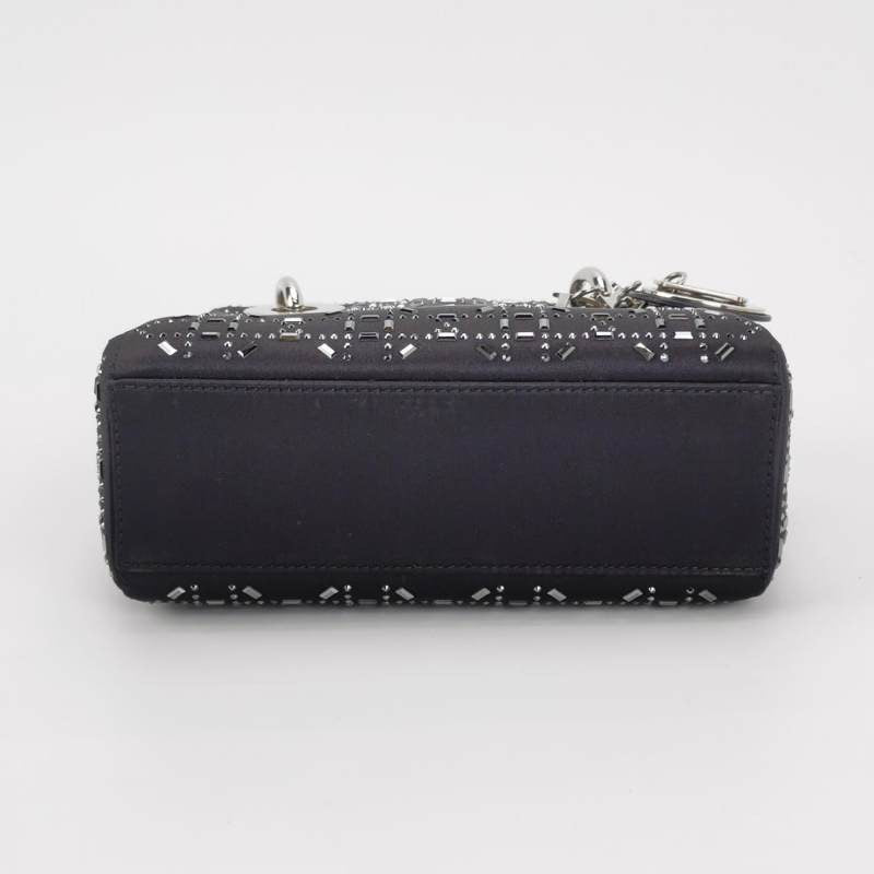 Lady Dior Mini Black Silk with Crystals Silver Hardware