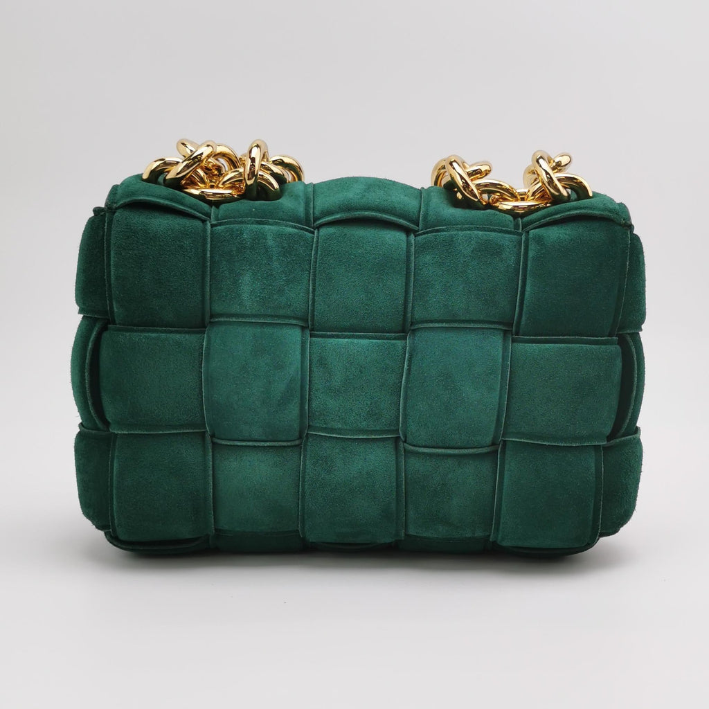 Bottega Veneta Padded Cassette Suede Leather Dark Green with Gold Chain