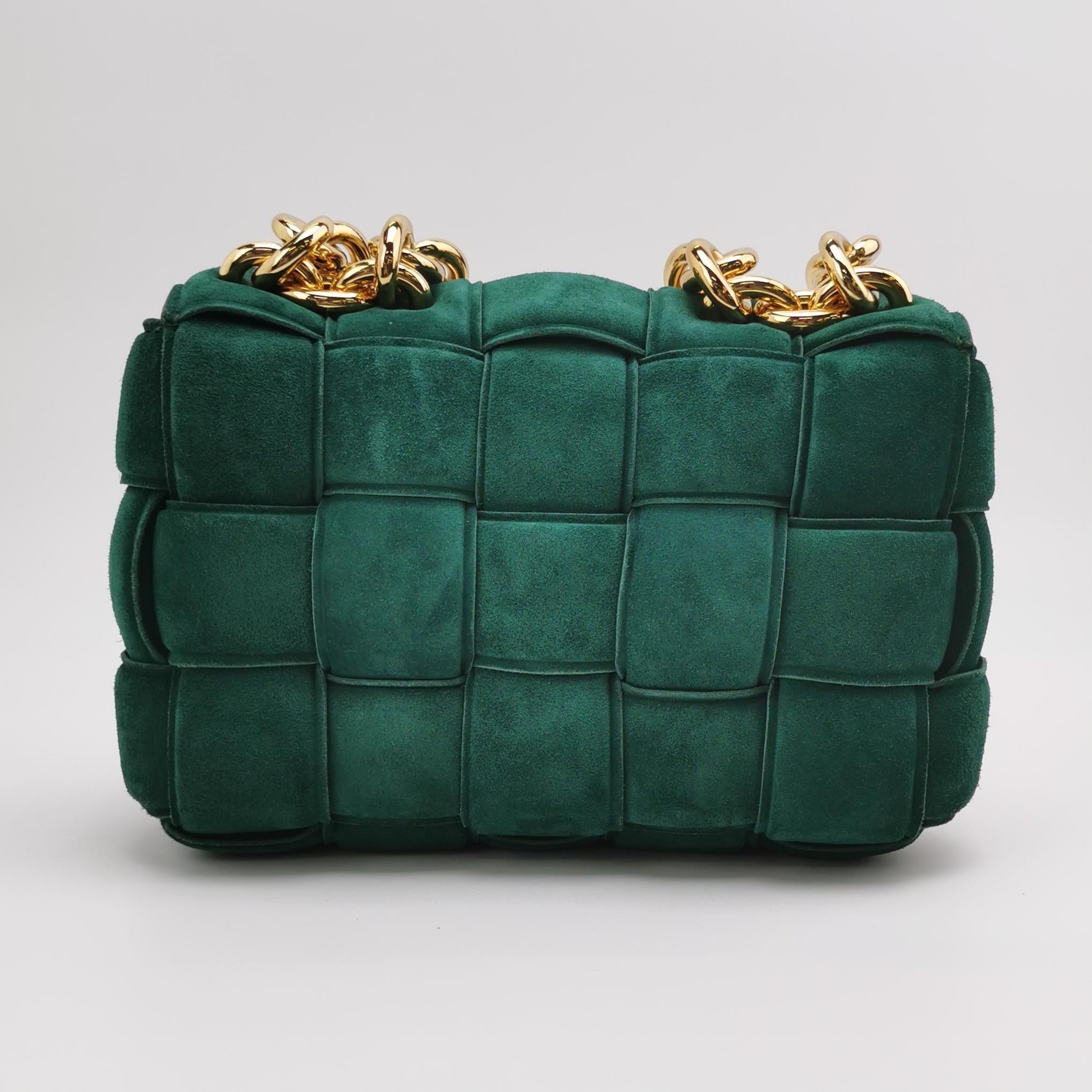 Bottega Veneta Padded Cassette Suede Leather Dark Green with Gold Chain