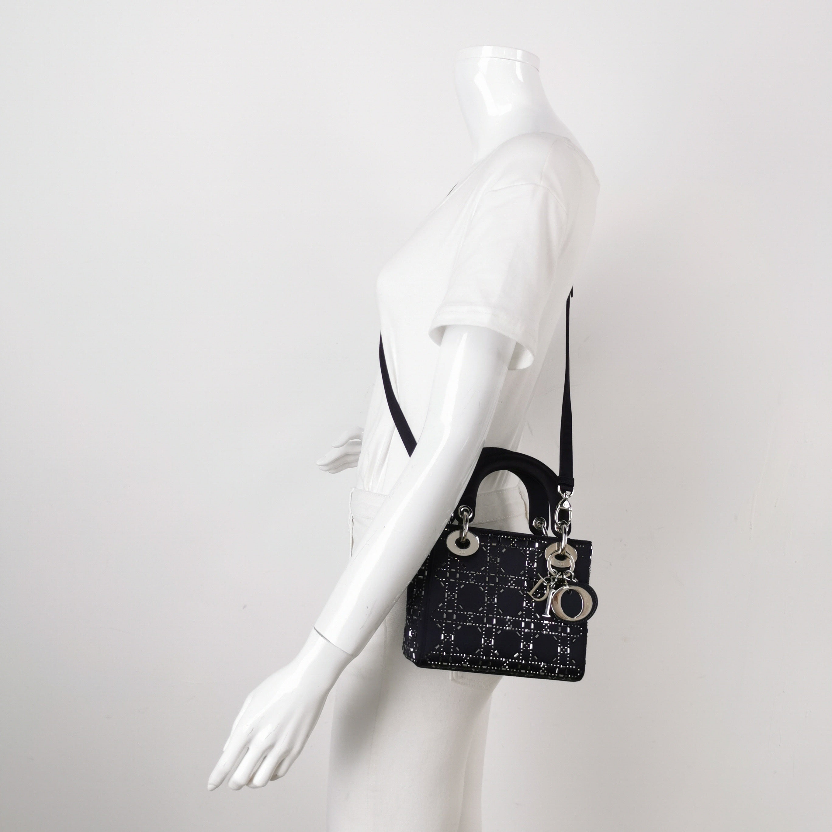 Lady Dior Mini Black Silk with Crystals Silver Hardware