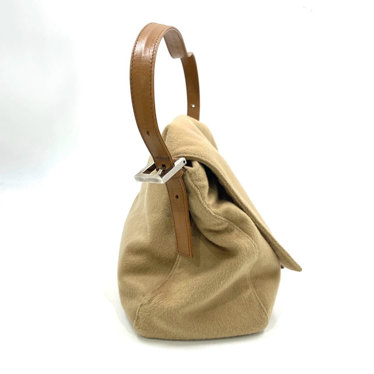 Fendi Mamma Baguette Beige Felt Fabric Silver Hardware Shoulder Bag