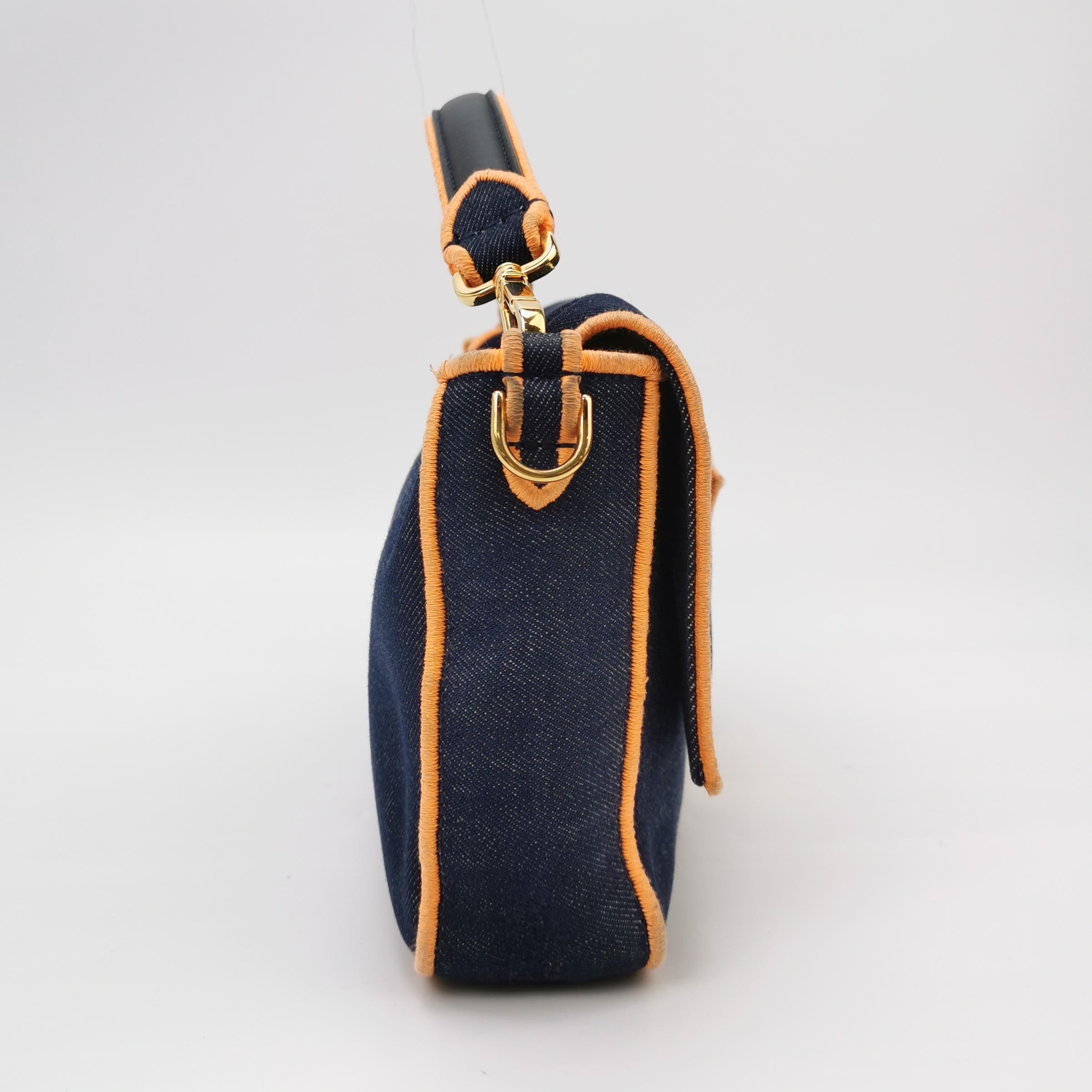 FENDI Baguette Large Denim with Orange Neon Trimming Crossbody Bag
