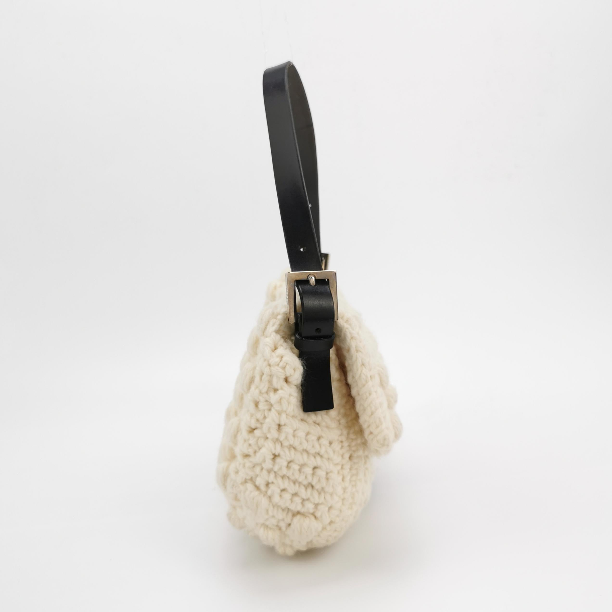 Fendi Baguette Bag White Crochet Knit Wool Pompom Shoulder Bag