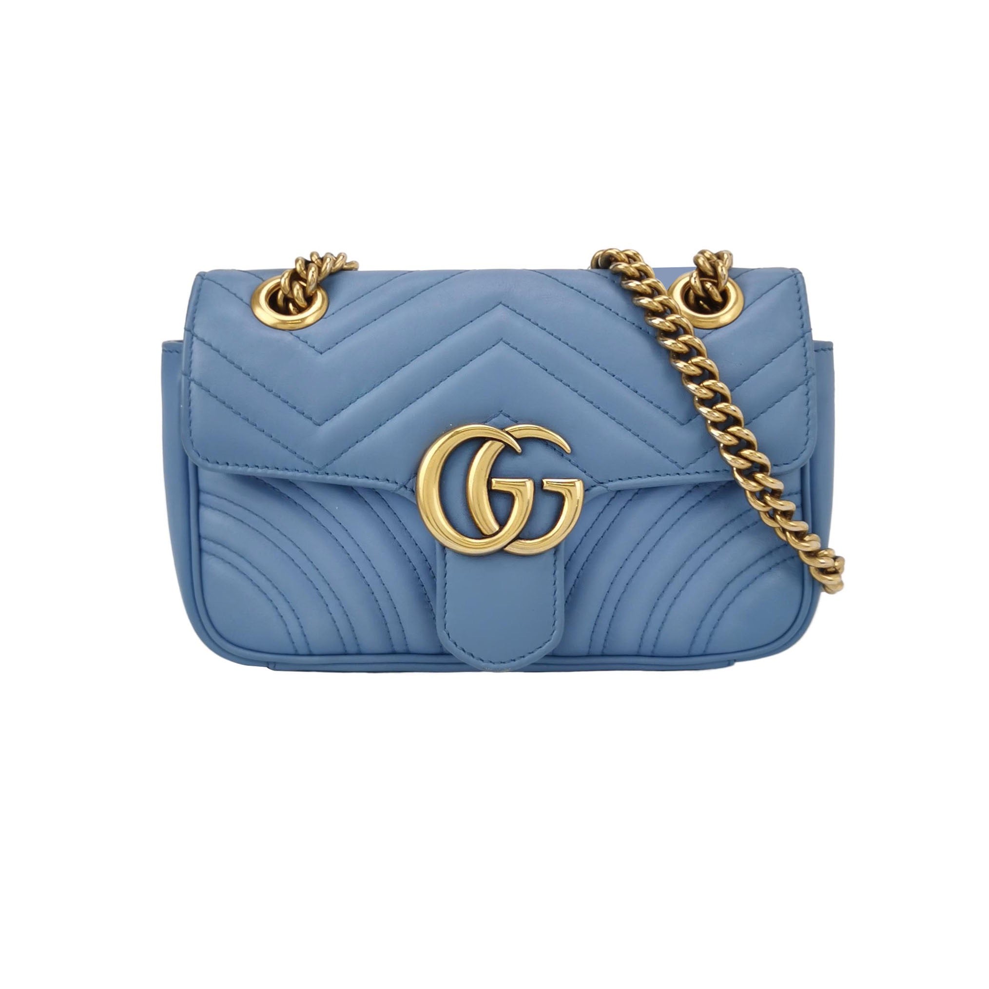 Gucci Marmont Mini Flap Baby Blue Calfskin Leather Handbag Gold Hardware