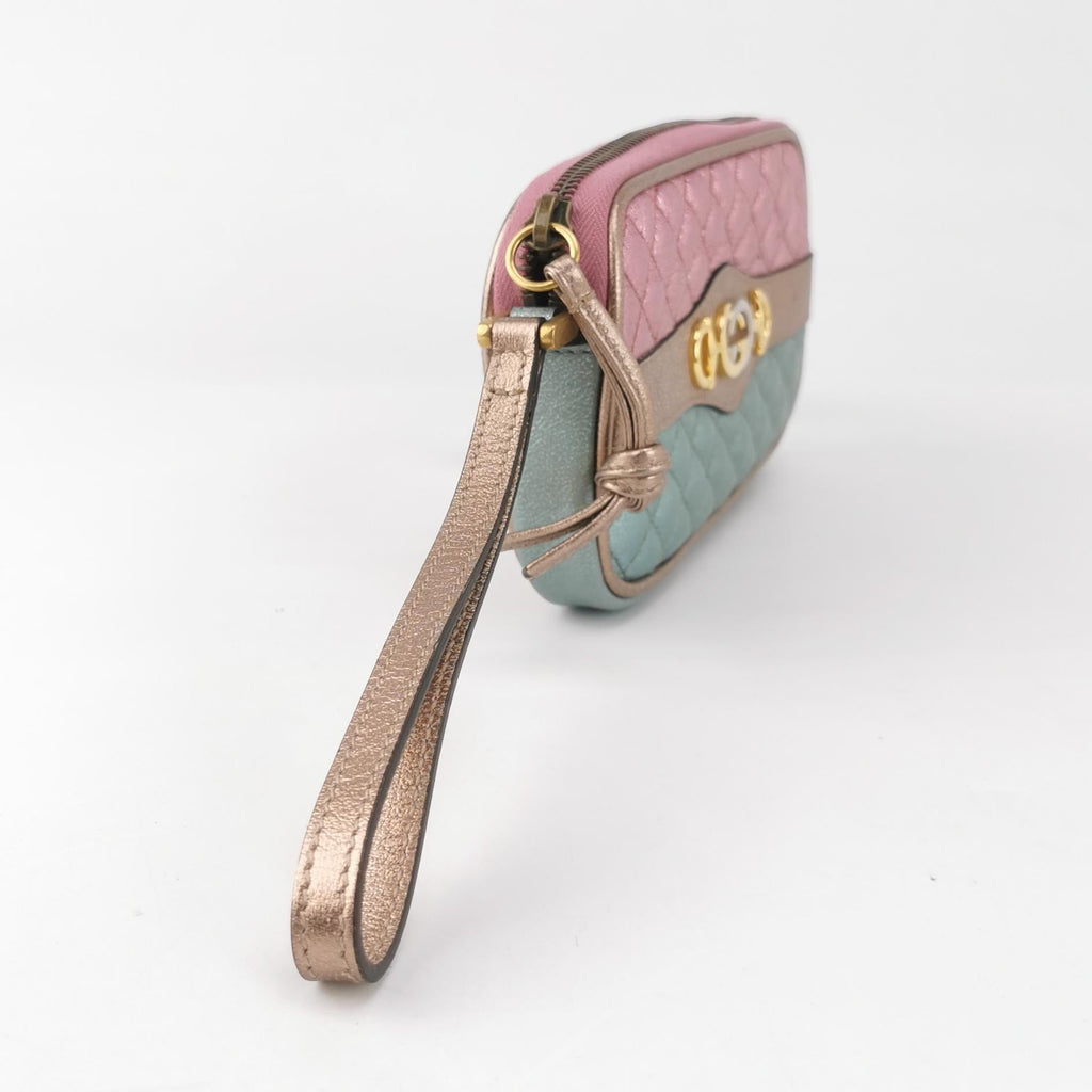 Gucci Pink Teal Mini Metallic Laminated Trapuntata Leather Horsebit Clutch Pouch
