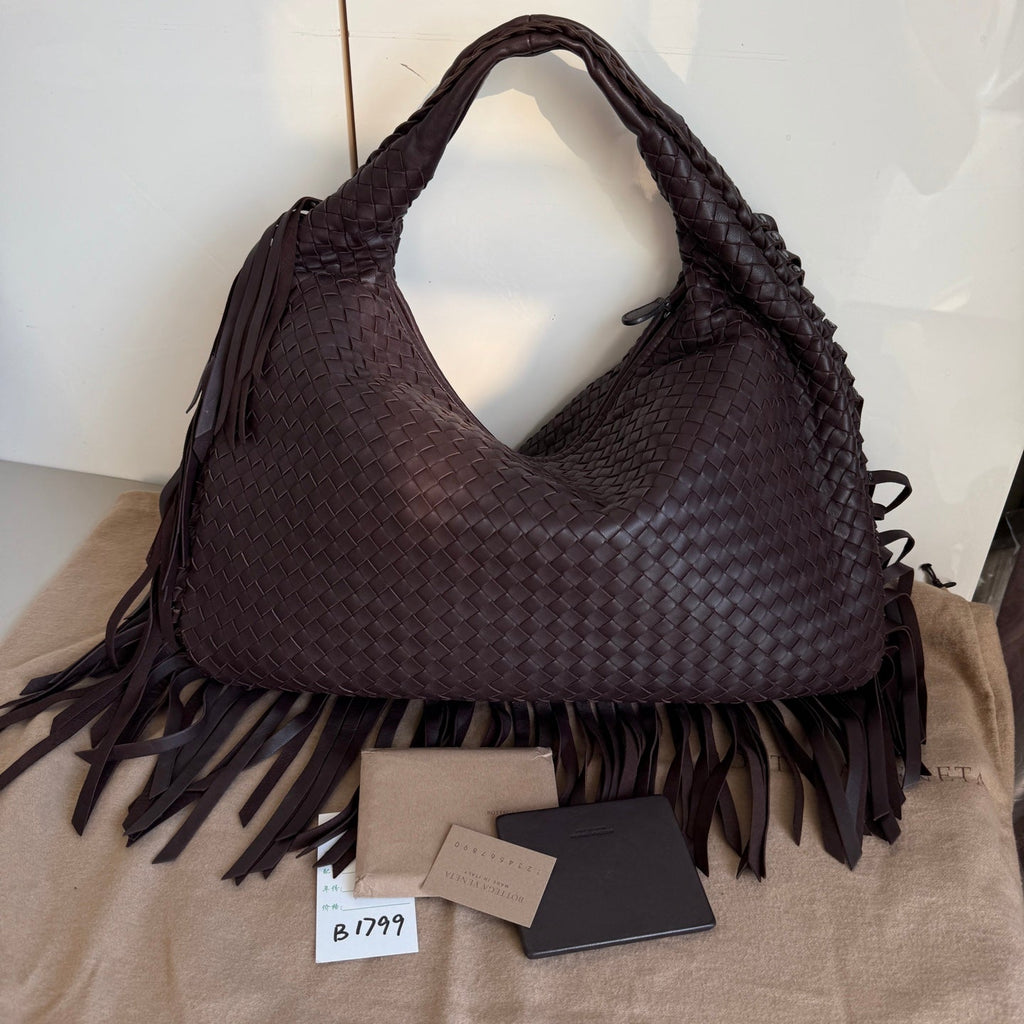 Bottega Veneta Veneta Fringed Hobo Large Dark Chocolate Brown 47cm Lambskin Leather