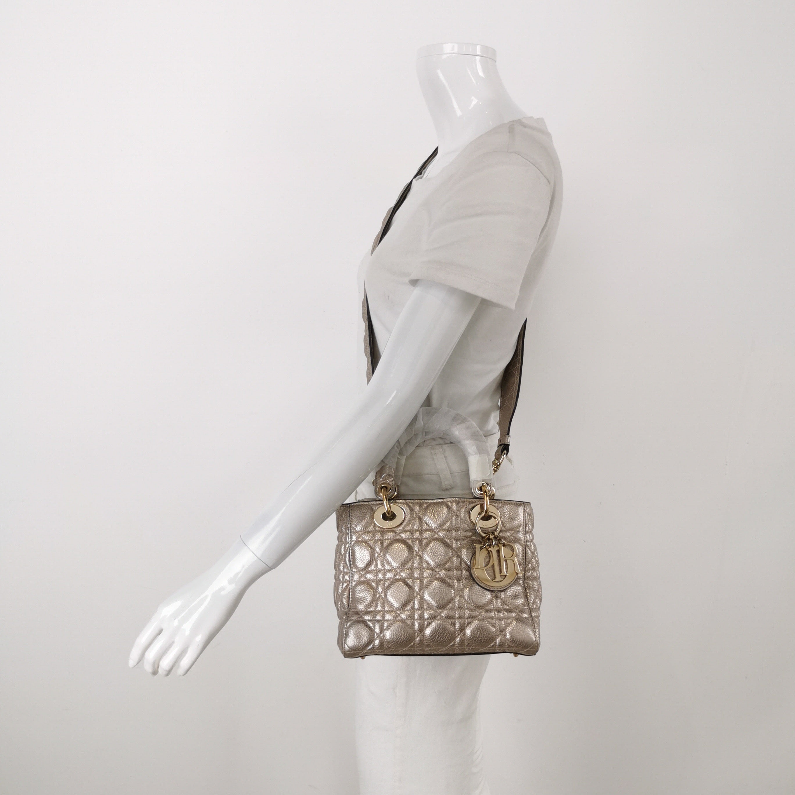 Lady Dior Small Supple Calfskin Leather Gold Cannage Handbag with Strap