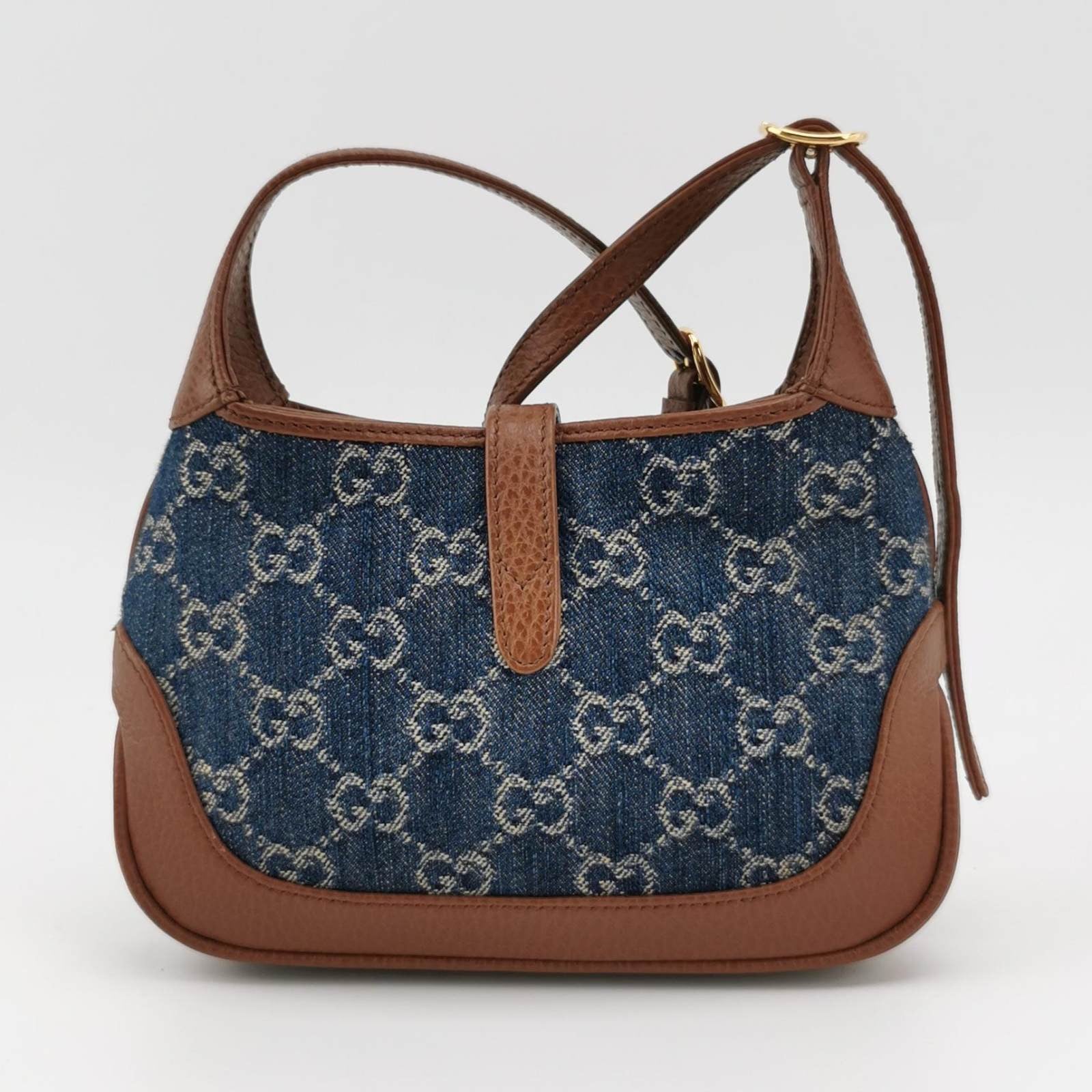 Gucci Jackie 1961 Mini Handbag in Blue Monogram Denim and Brown Leather