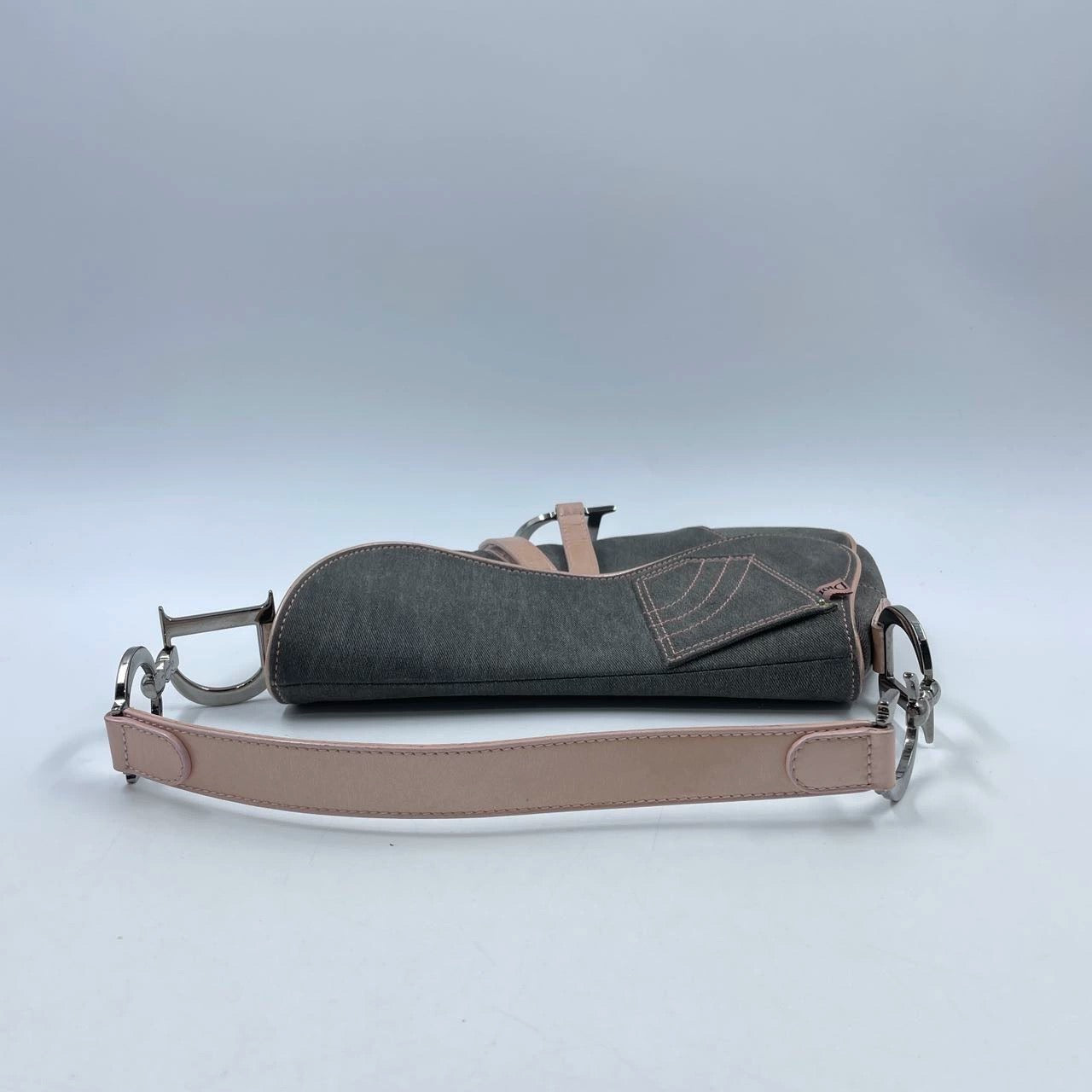 Dior Saddle Grey Denim with Pocket and Pink Leather Trim Shoulder Bag