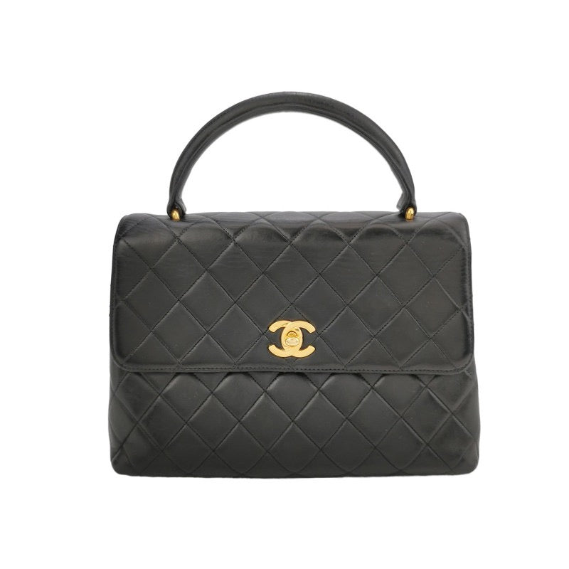 Chanel Vintage Top Handle Kelly Coco Handle Black Flap Bag lambskin leather 24k Gold Hardware