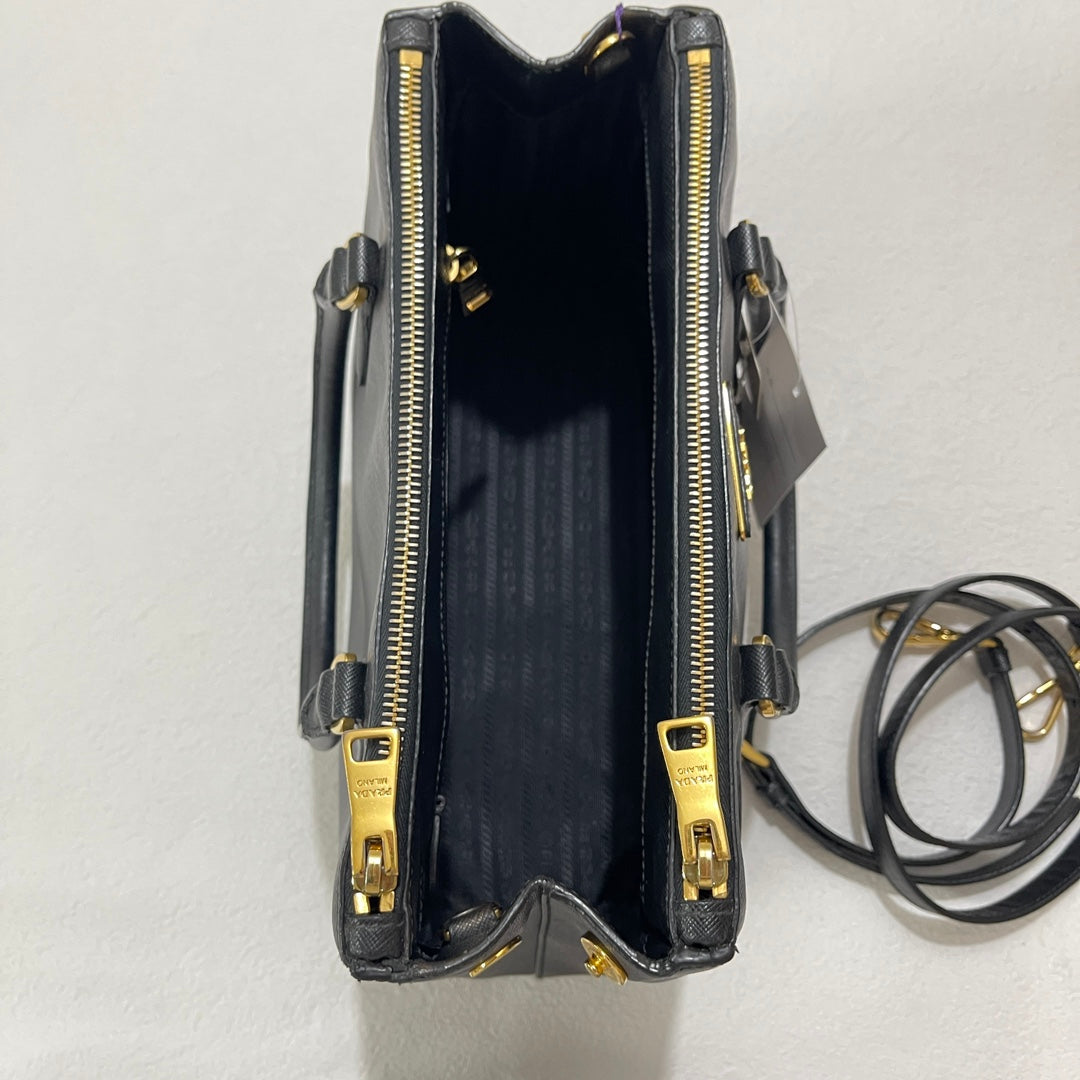 Prada Galleria Saffiano Leather Small Black Handbag with Strap