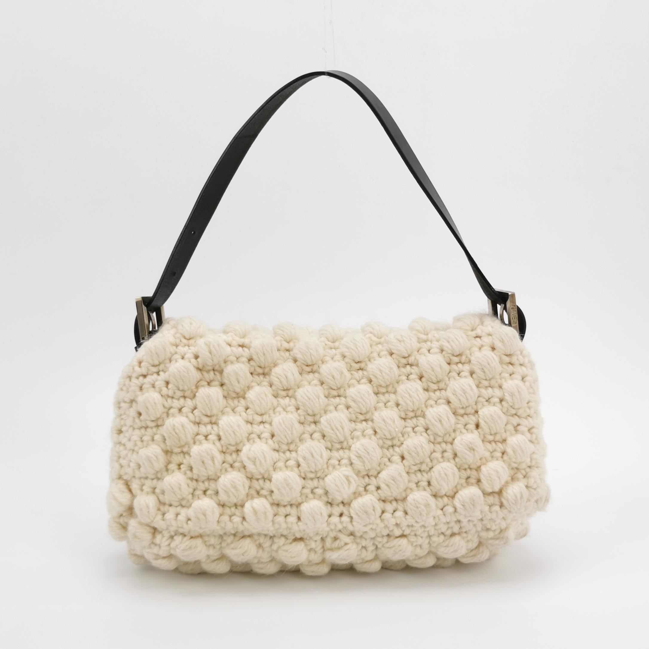 Fendi Baguette Bag White Crochet Knit Wool Pompom Shoulder Bag