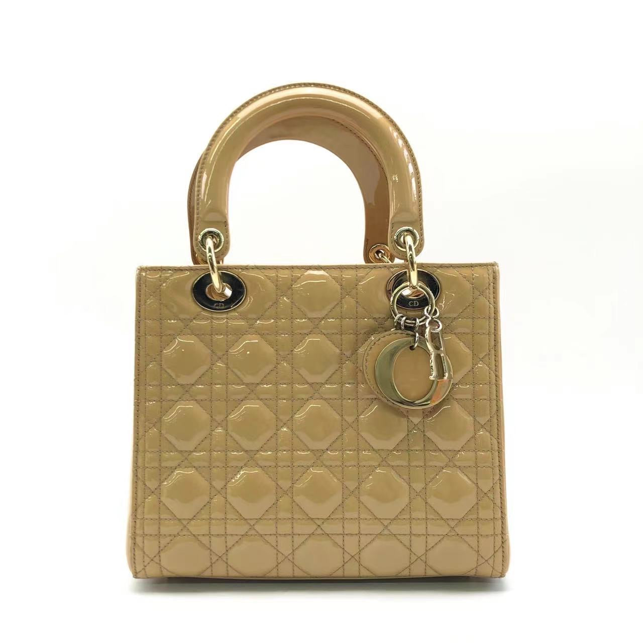 Lady Dior Medium Beige Patent Leather with Silver-tone Hardware