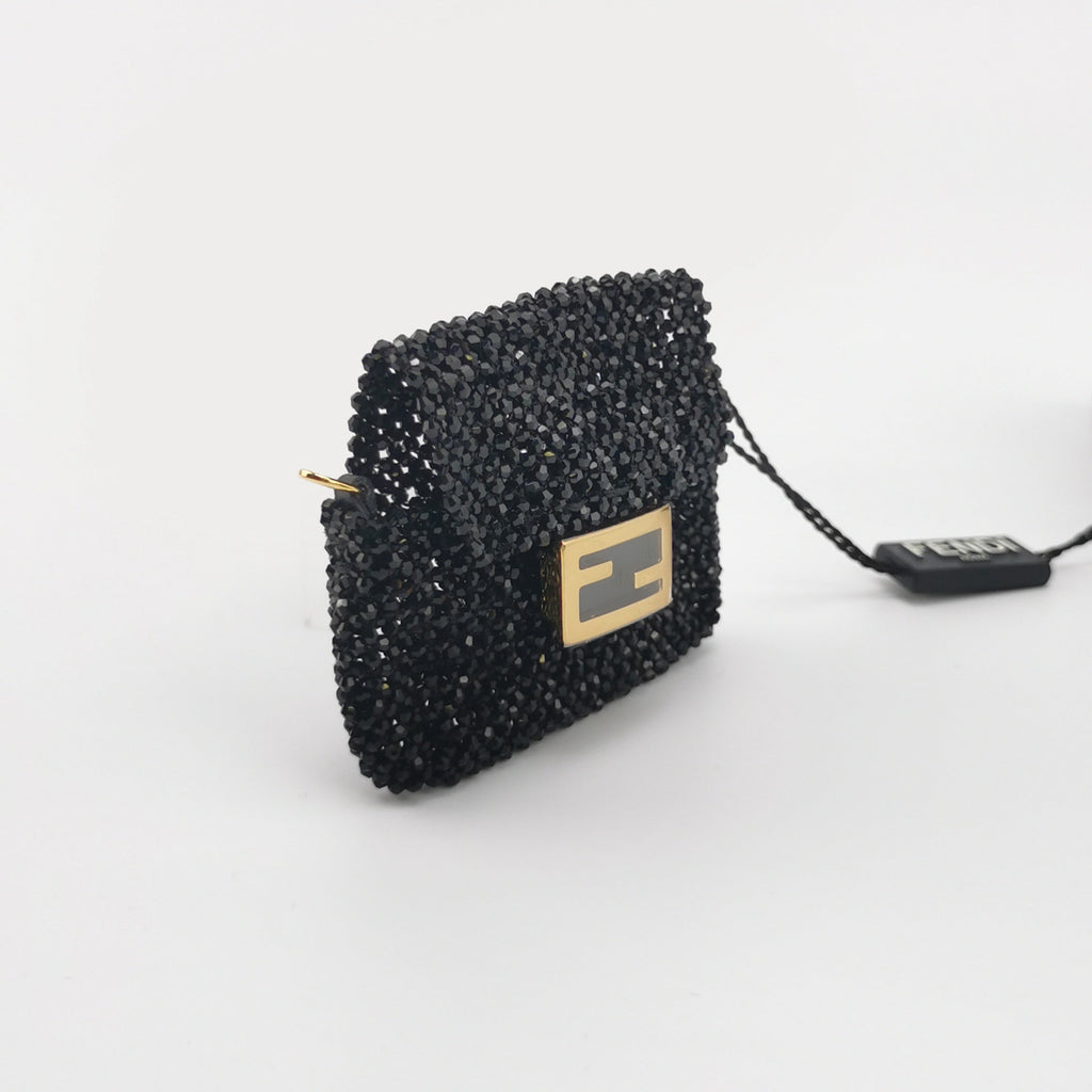 Fendi Nano Baguette Black Beaded Gold Chain Crossbody Purse