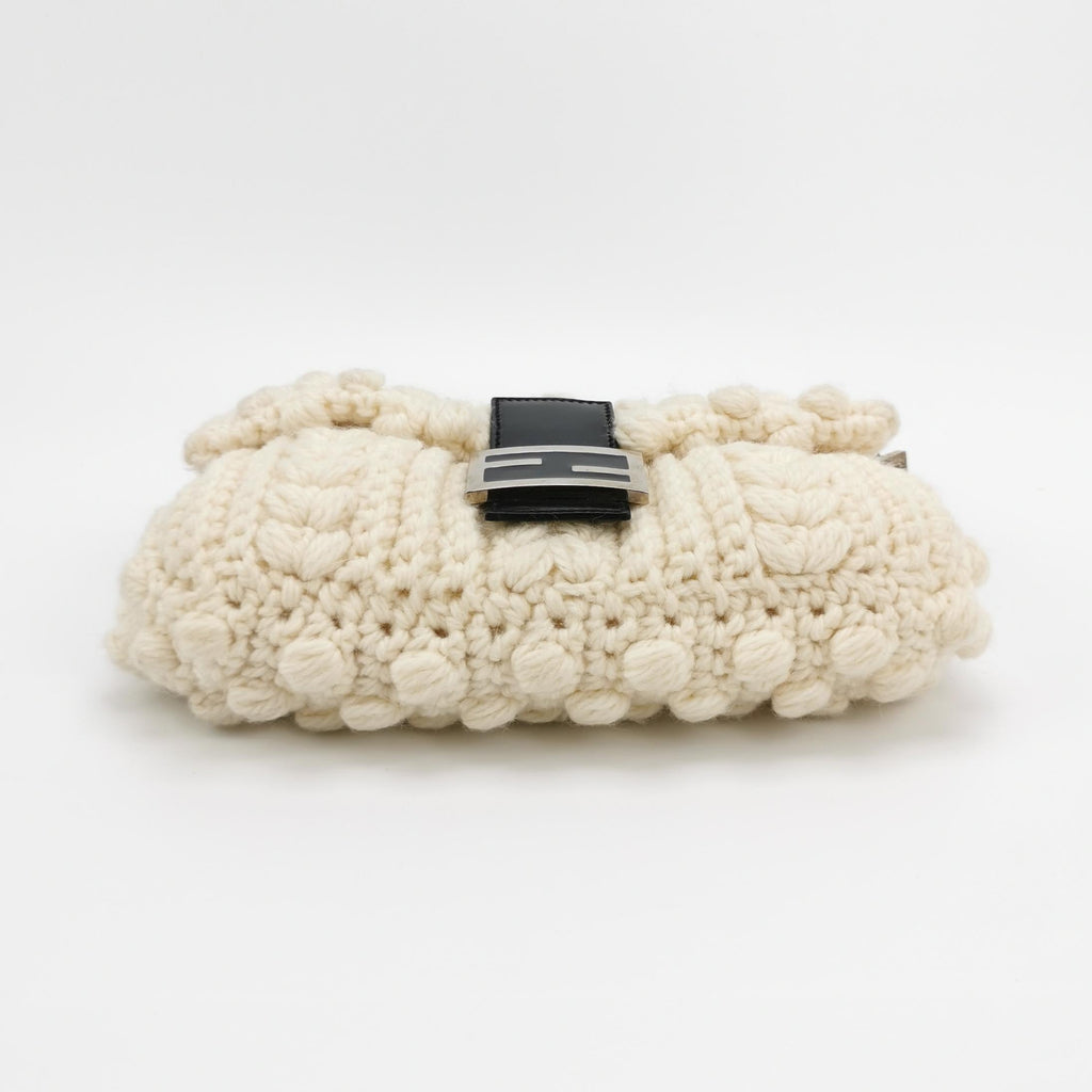 Fendi Baguette Bag White Crochet Knit Wool Pompom Shoulder Bag