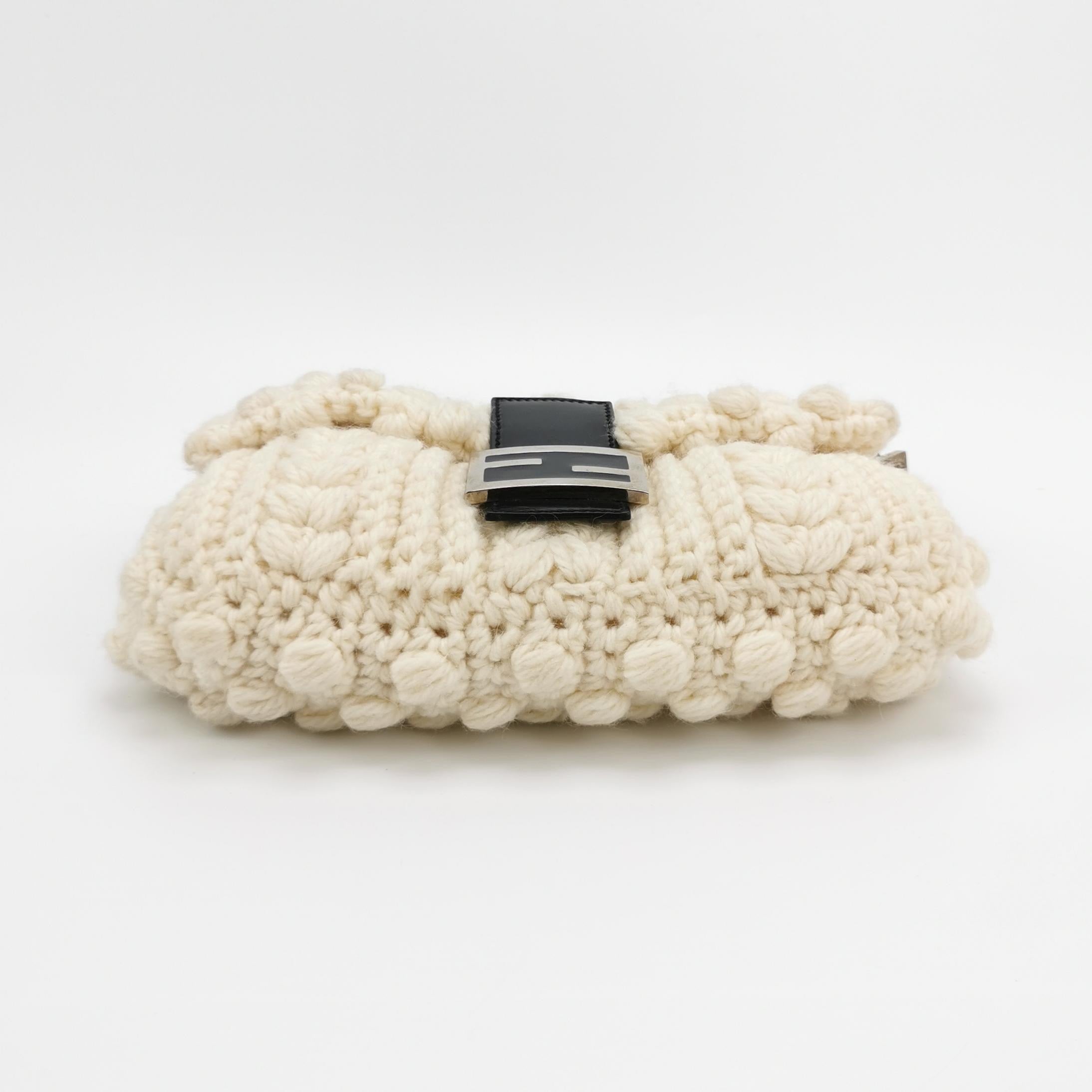 Fendi Baguette Bag White Crochet Knit Wool Pompom Shoulder Bag