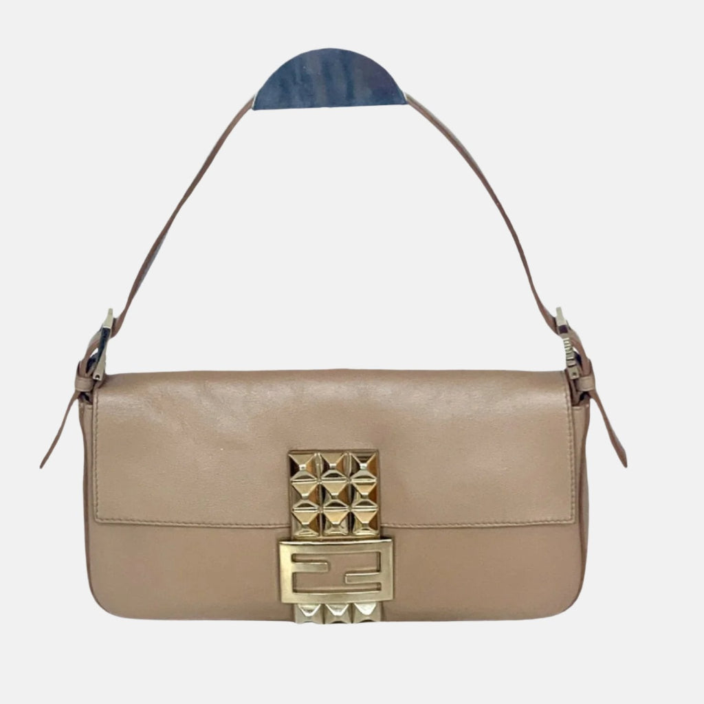 Fendi Baguette Beige Leather with Gold Studded Metal Buckle