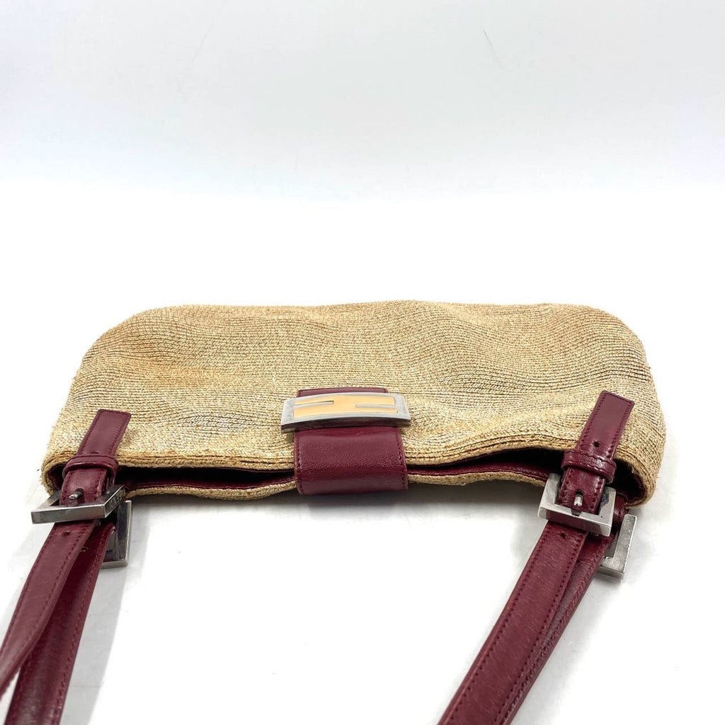 Fendi Mamma Baguette Raffia Straw Shoulder Bag Red Leather Strap