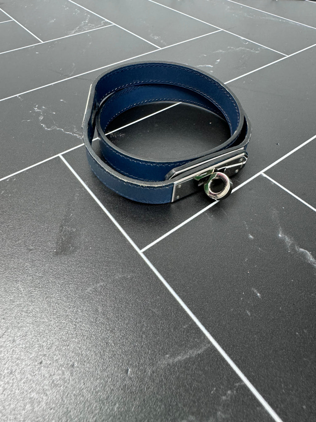 Hermes Navy Blue Leather Double Wrap Kelly Bracelet / Necklace