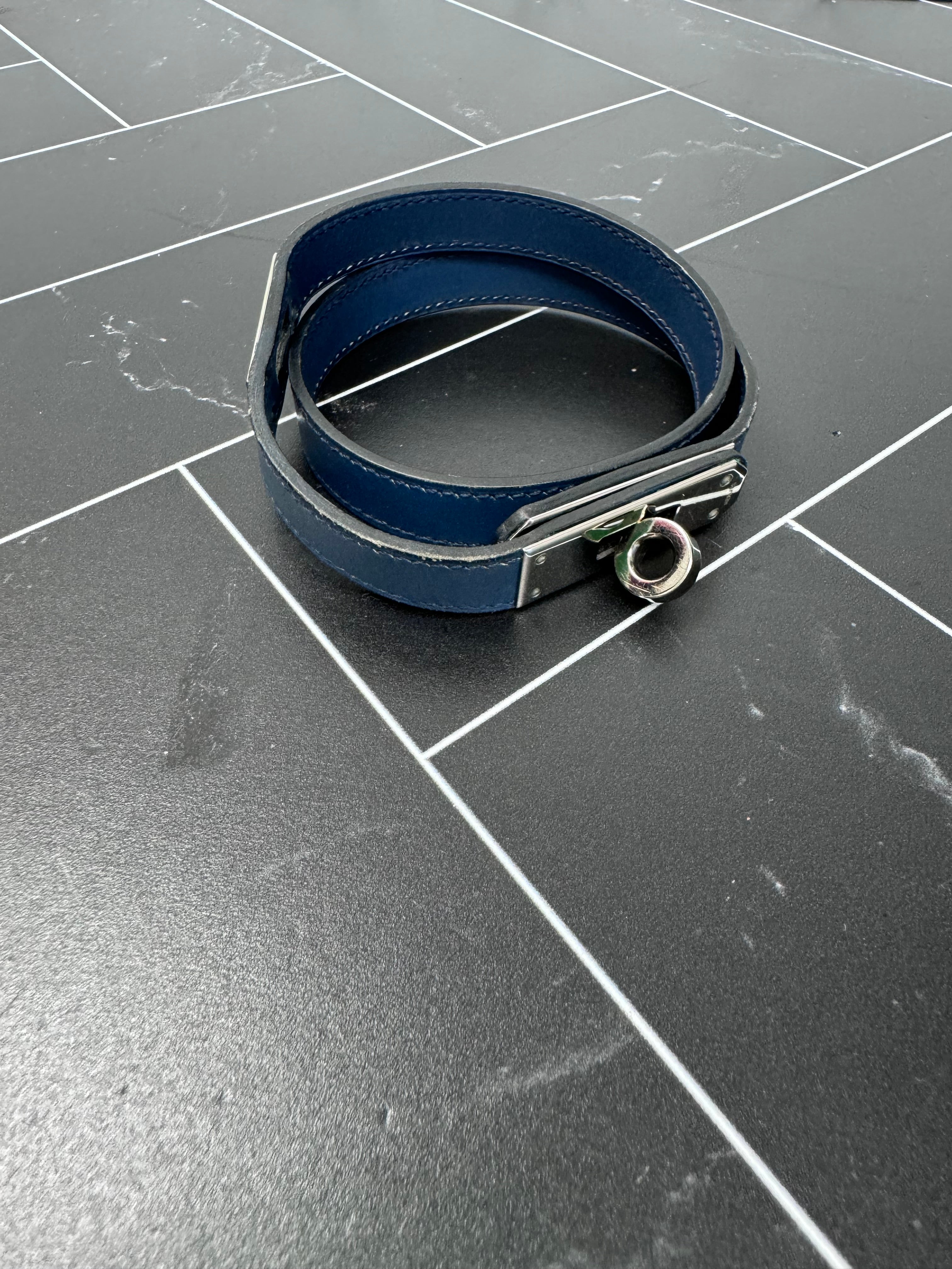 Hermes Navy Blue Leather Double Wrap Kelly Bracelet / Necklace