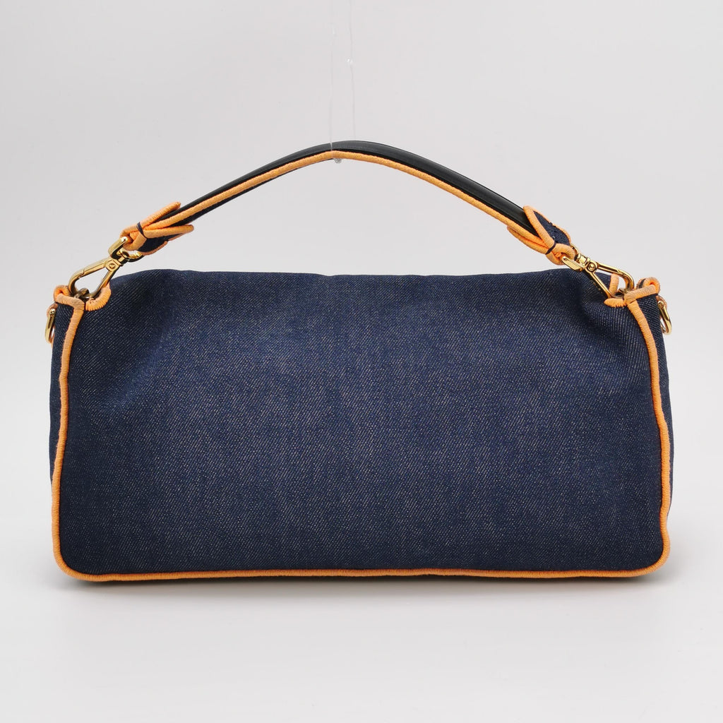 FENDI Baguette Large Denim with Orange Neon Trimming Crossbody Bag