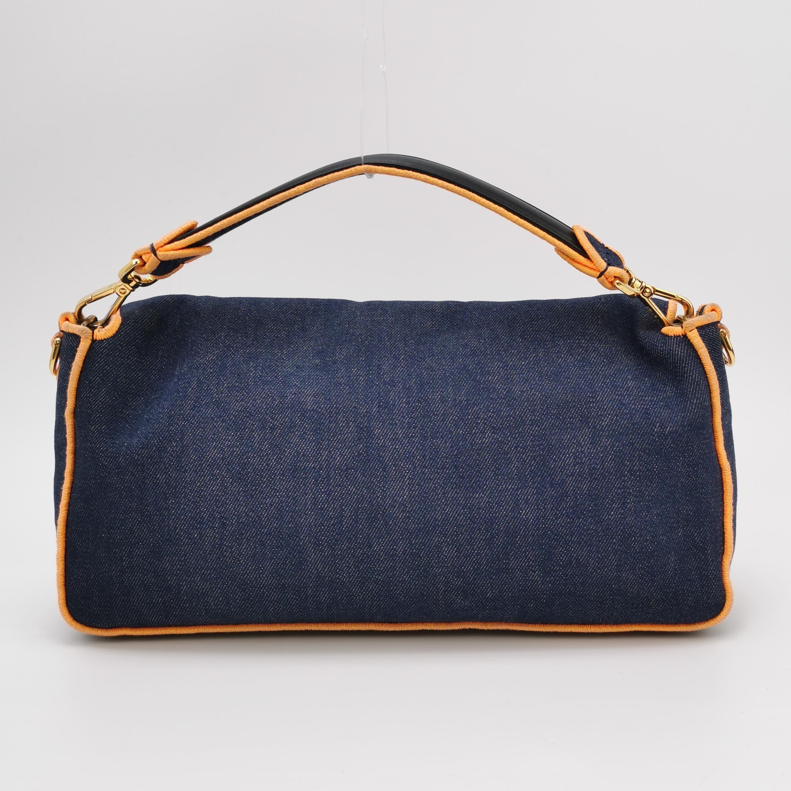 FENDI Baguette Large Denim with Orange Neon Trimming Crossbody Bag