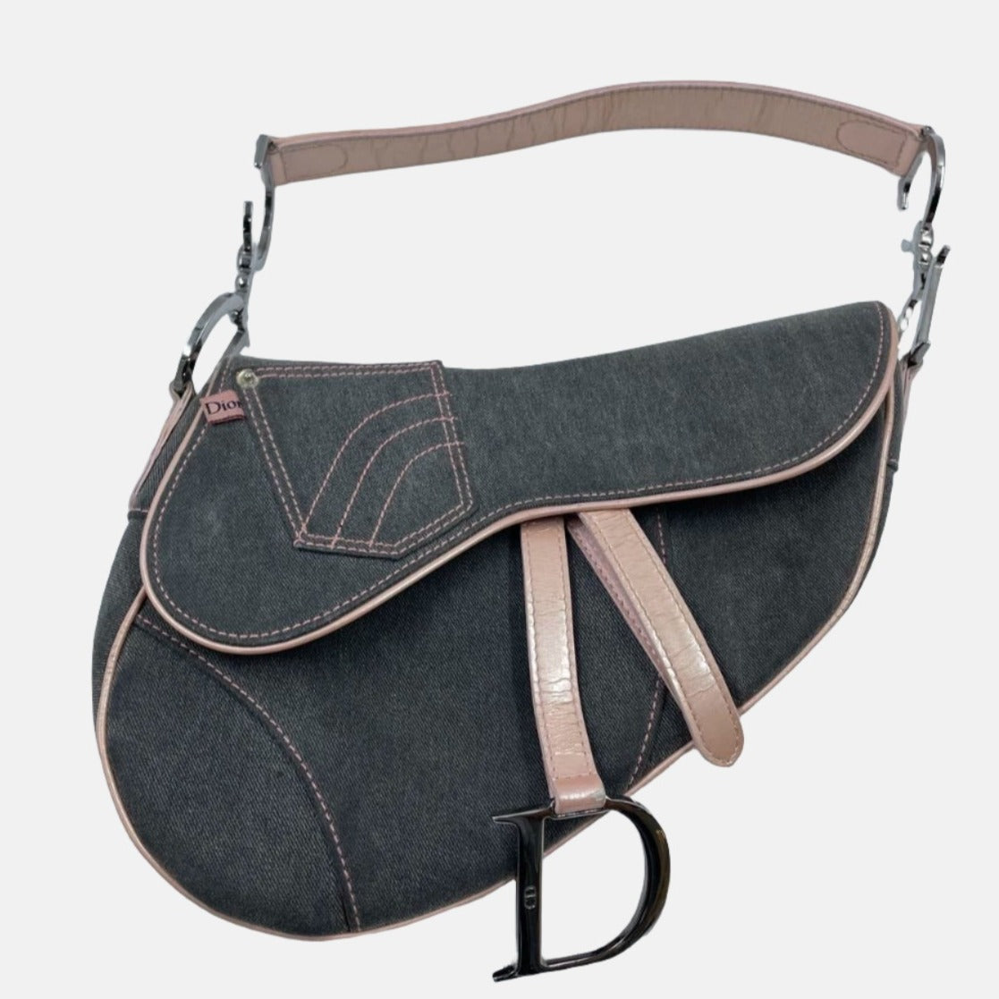 Dior Saddle Grey Denim with Pocket and Pink Leather Trim Shoulder Bag