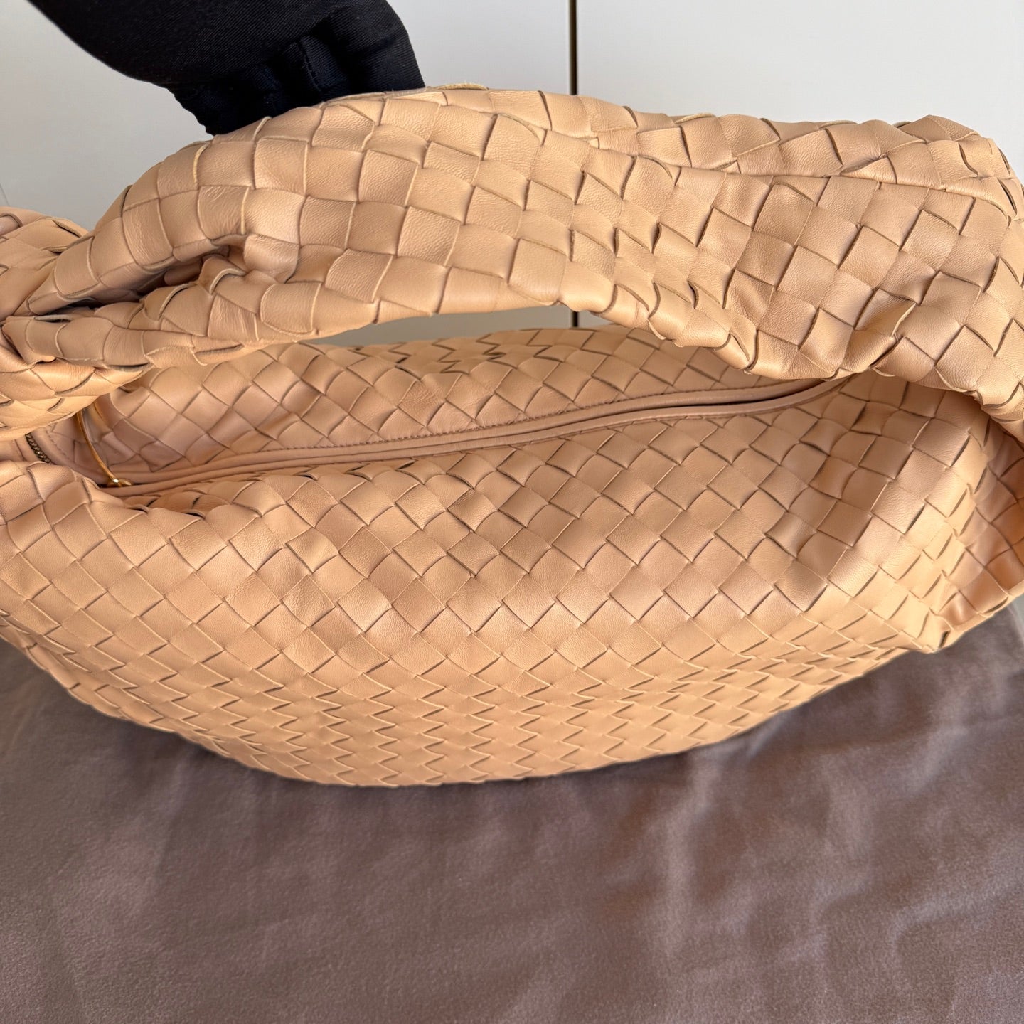 Bottega Veneta Jodie Classic Large Milk Tea Beige Lambskin Leather Clutch Bag